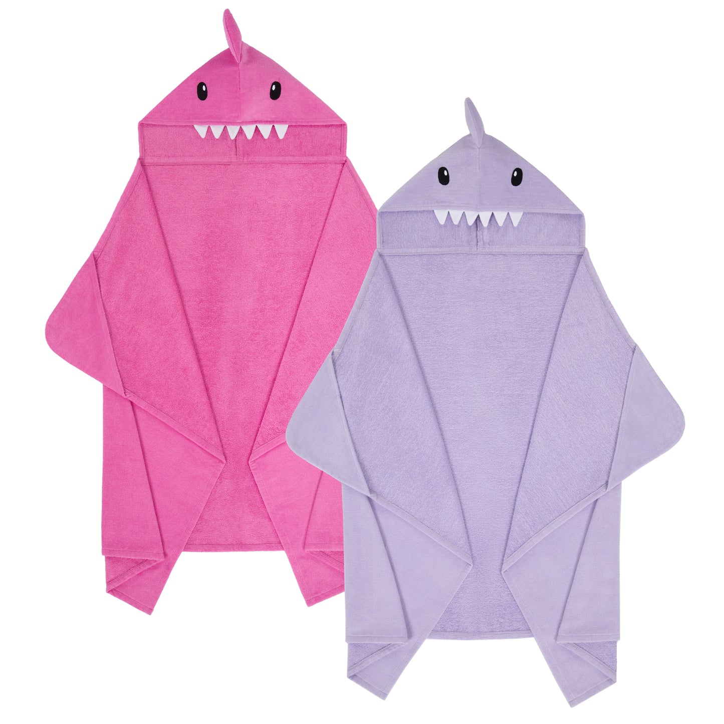 Sharkberry Pink & Lavender Bite;@A 2 Pack Hooded Shark Towels in Sharkberry Pink & Lavender Bite