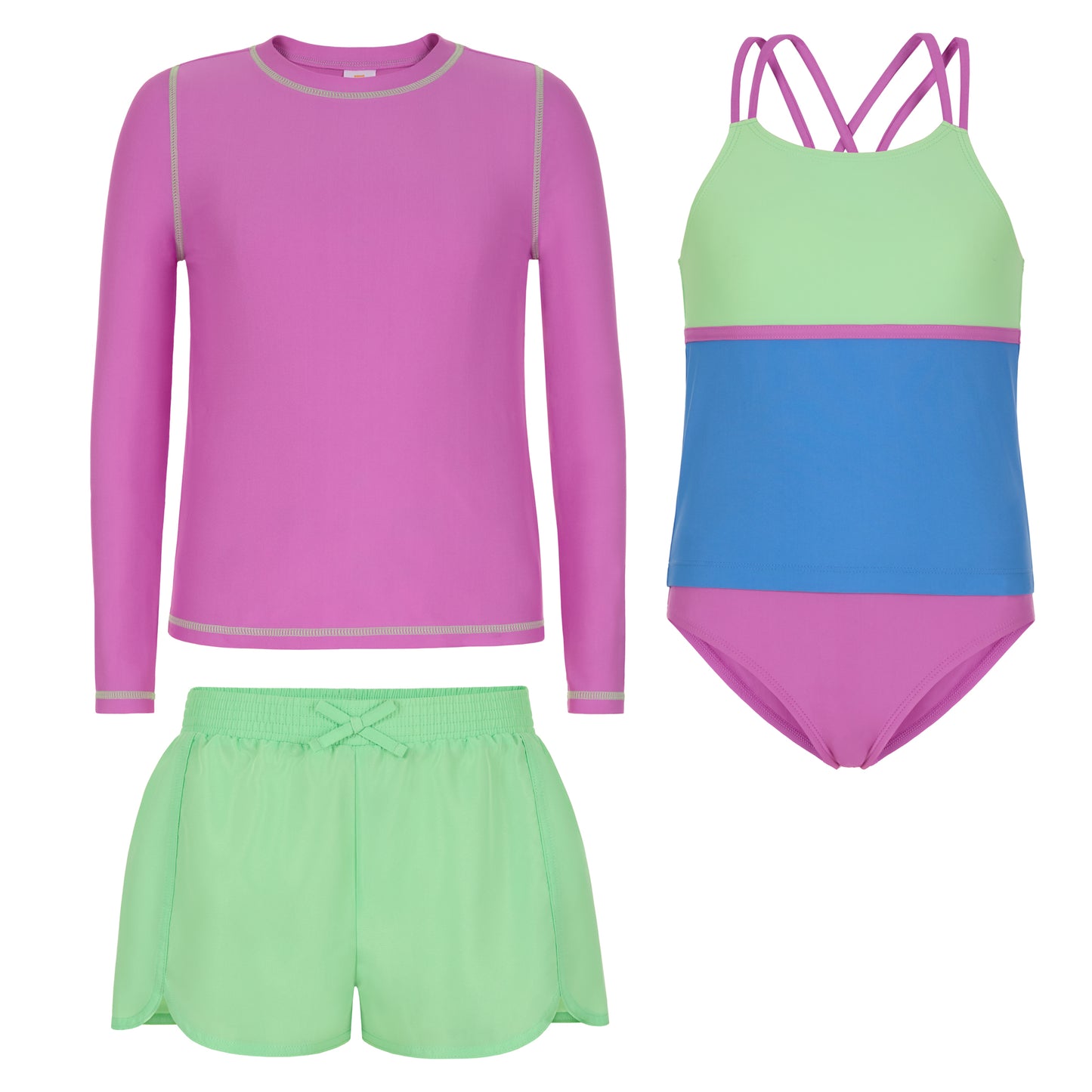 Lavender Lime;@A 4 Piece Swim Set with Rashguard in Lavender Lime