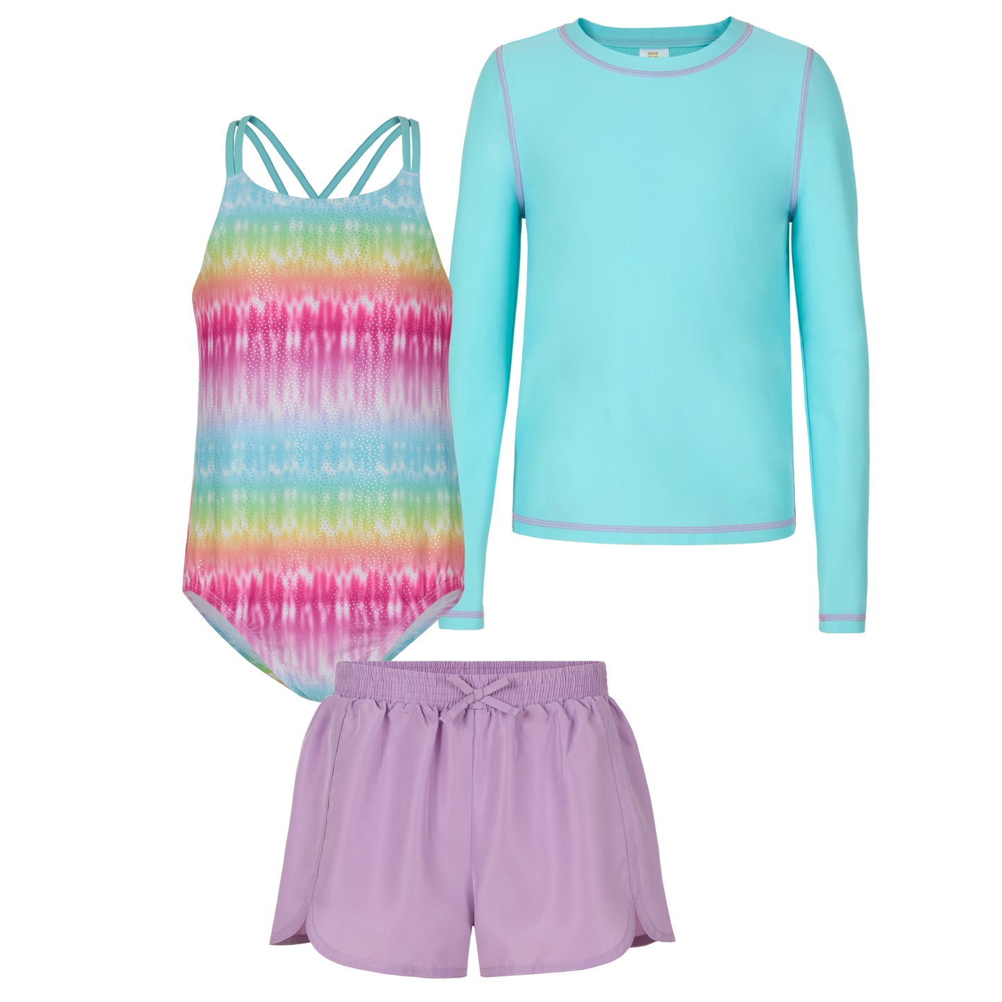 Rainbow Shimmer Aqua;@A 3 Piece Swim Set with Rashguard in Rainbow Shimmer Aqua