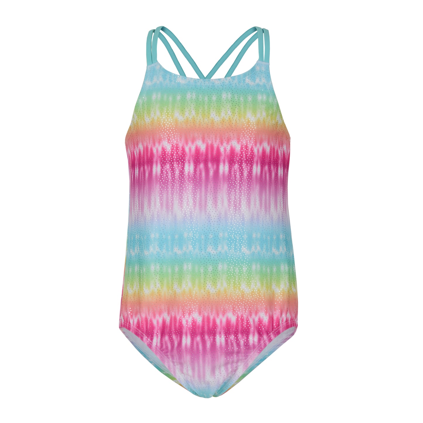 Rainbow Shimmer Aqua;@A 3 Piece Swim Set with Rashguard in Rainbow Shimmer Aqua
