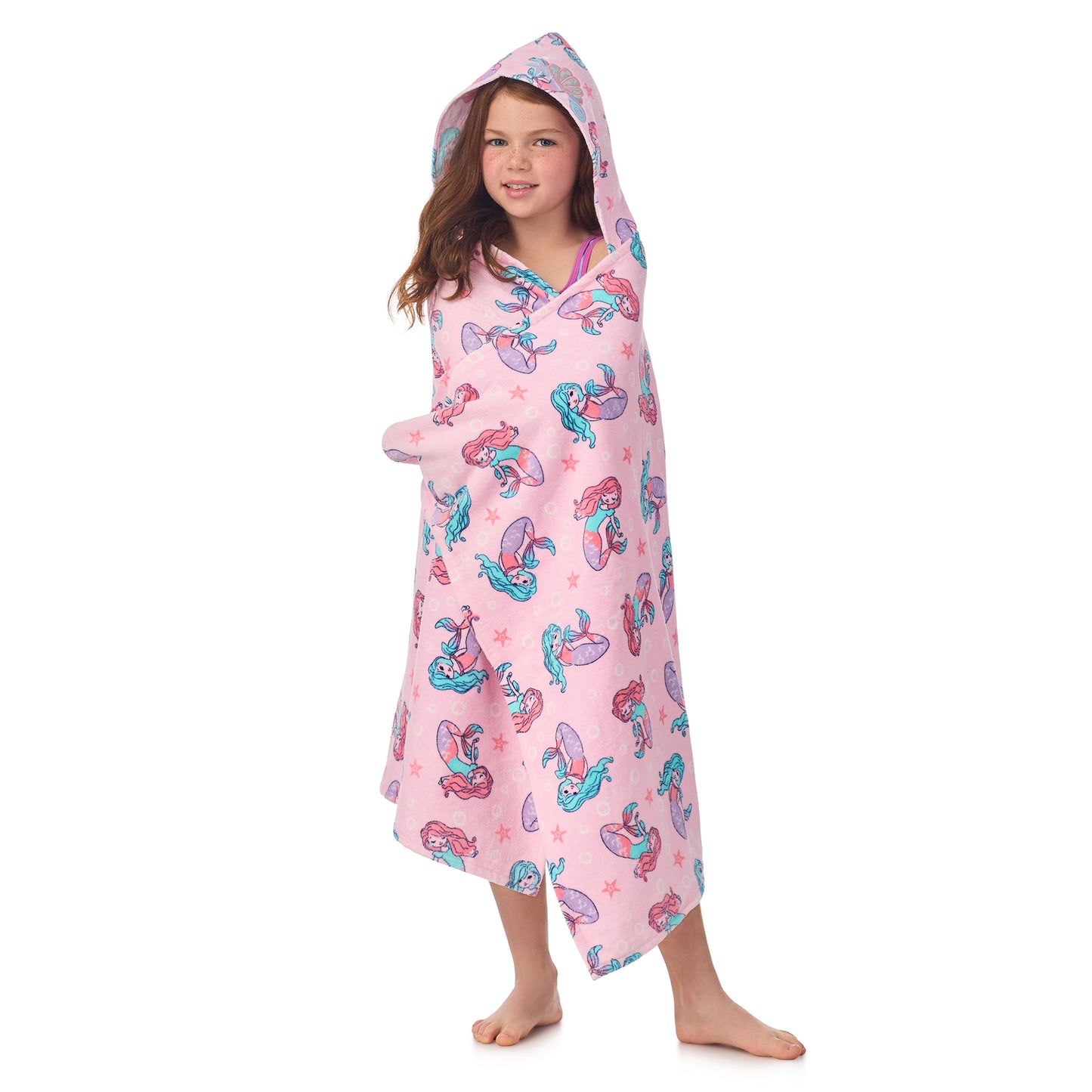 Mermaid Pink;@A girl wearing Character Hooded Towels in Mermaid Pink