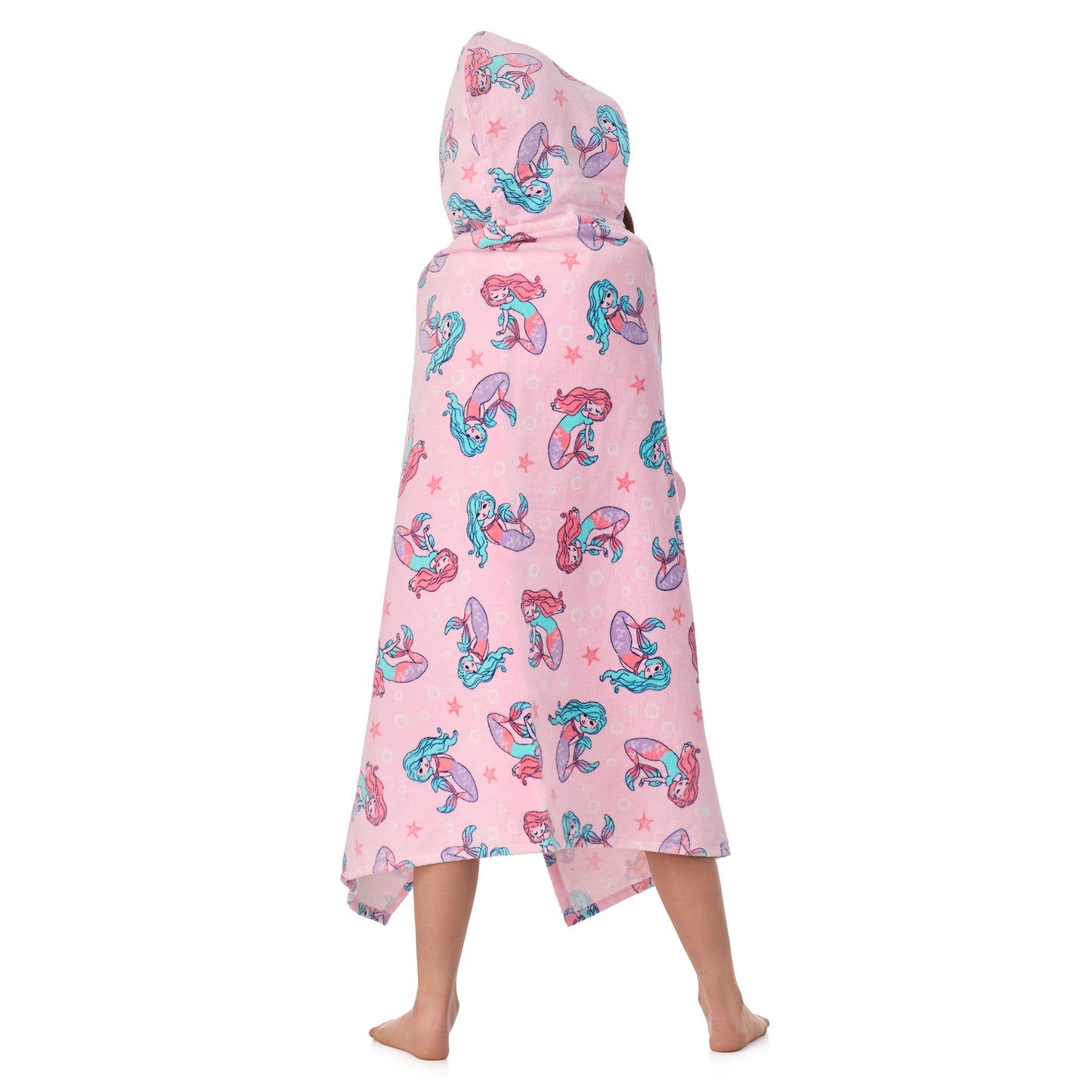 Mermaid Pink;@A girl wearing Character Hooded Towels in Mermaid Pink