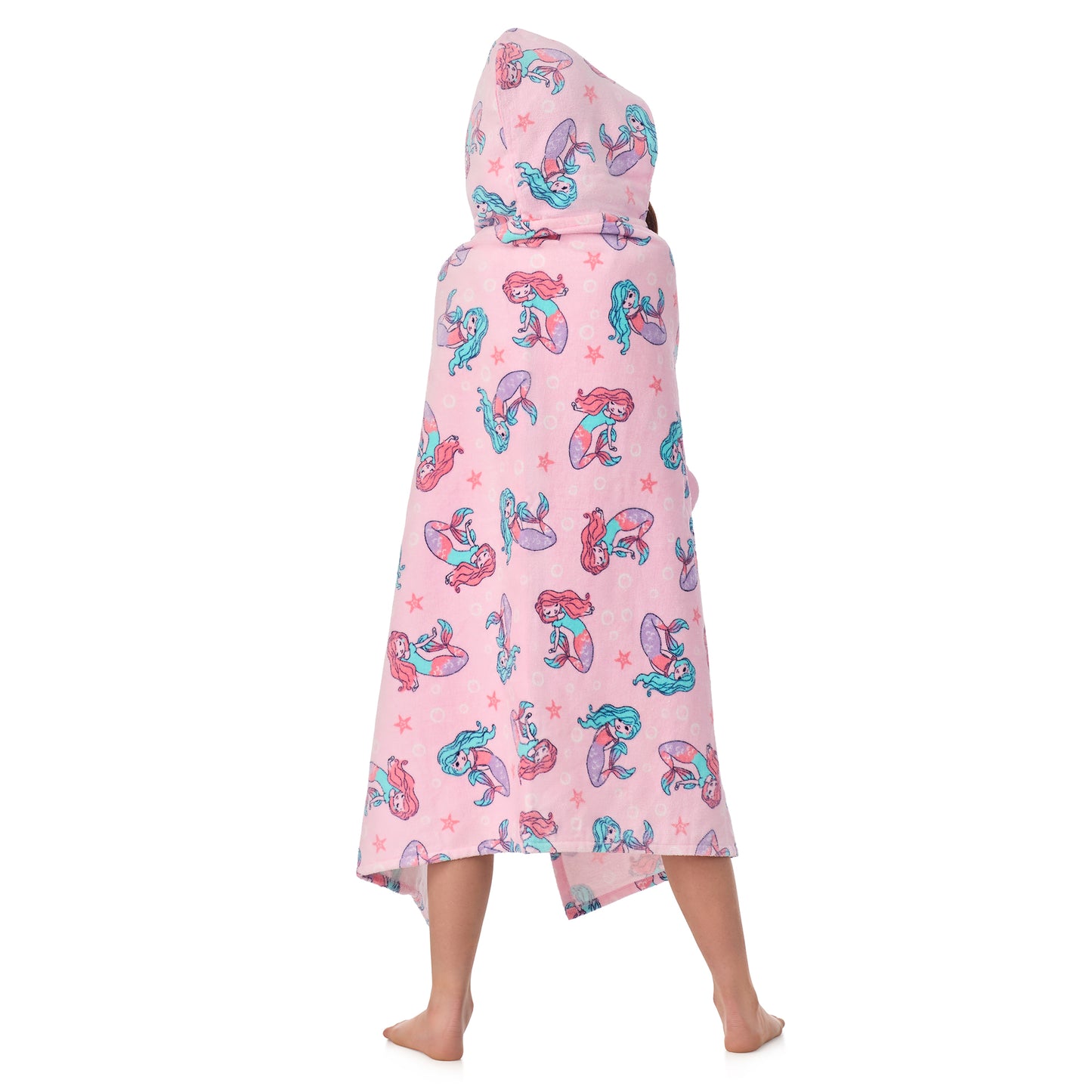 Mermaid Pink;@A girl wearing Character Hooded Towels in Mermaid Pink