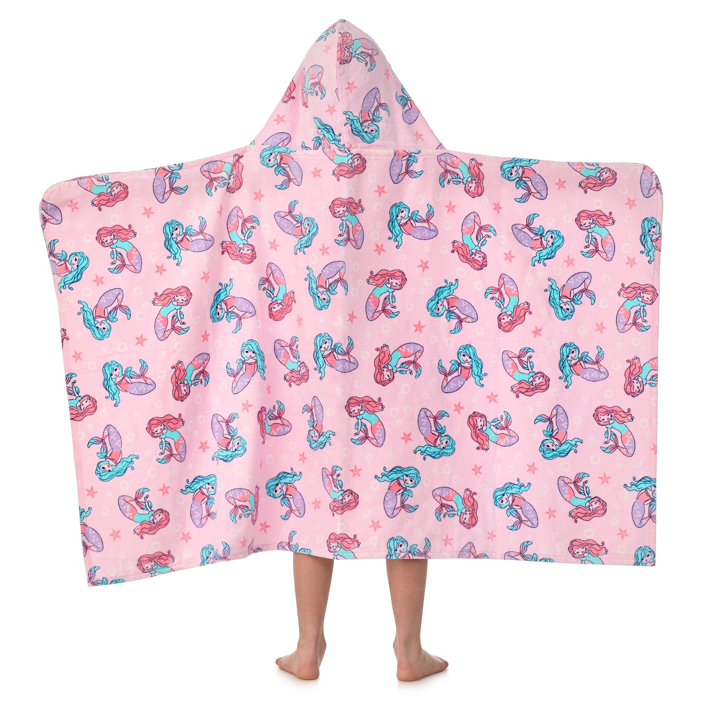 Mermaid Pink;@A girl wearing Character Hooded Towels in Mermaid Pink