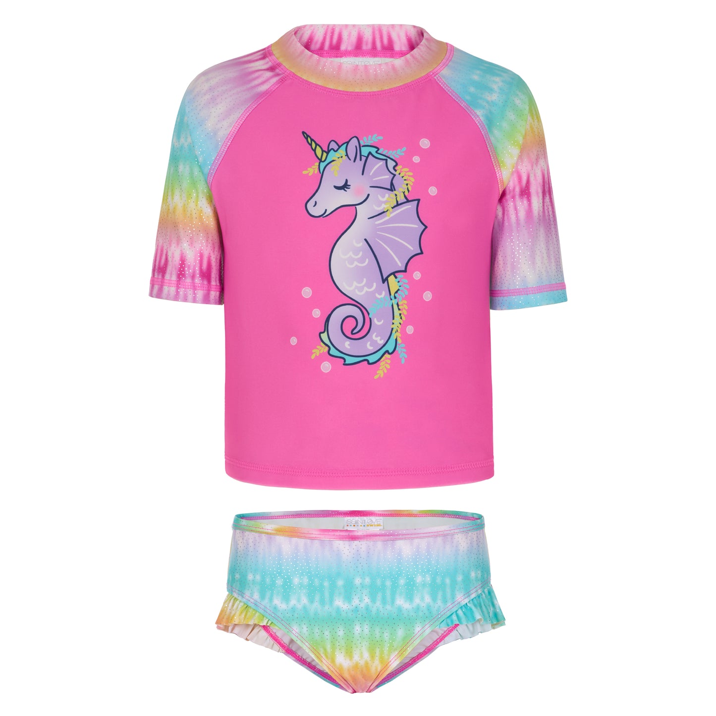 Rainbow Tide Rider;@A Girls' Short Sleeve Rashguard Set in Rainbow Tide Rider