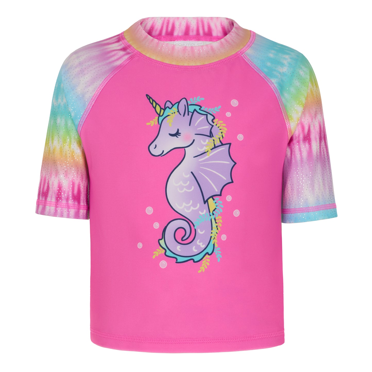 Rainbow Tide Rider;@A Girls' Short Sleeve Rashguard Set in Rainbow Tide Rider