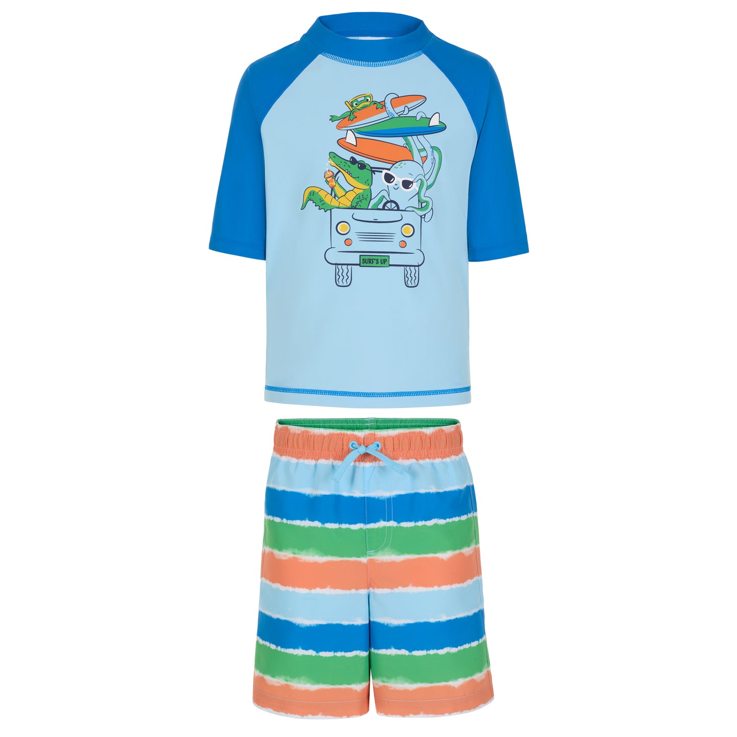 Ride the Wild Stripe;@A Boys' Short Sleeve Rashguard Set in Ride the Wild Stripe