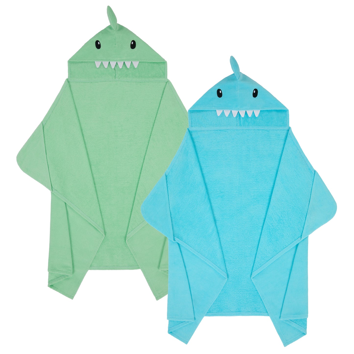 Fin-tastic Aqua & Seaweed Green;@A 2 Pack Hooded Shark Towels in Fin-tastic Aqua & Seaweed Green
