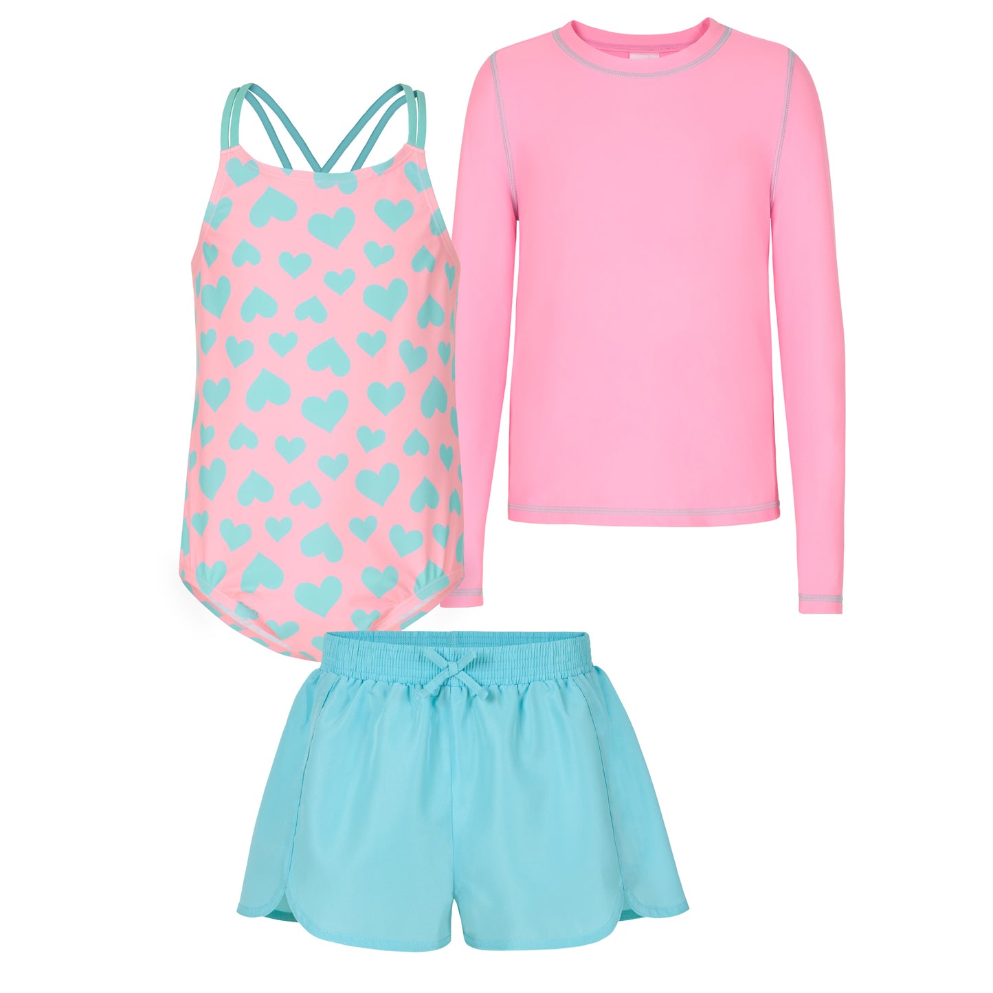Pink Bubblegum Hearts;@A 3 Piece Swim Set with Rashguard in Pink Bubblegum Hearts
