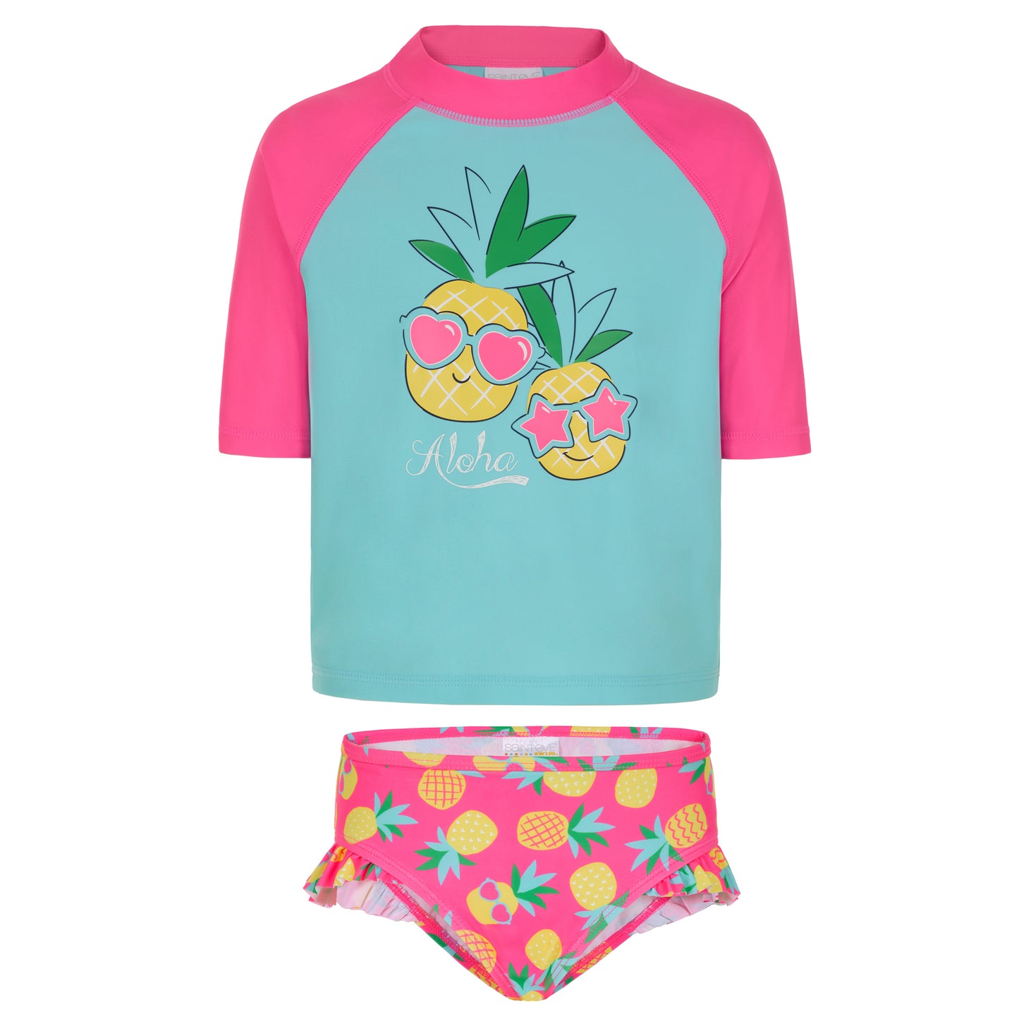 Pineapple Popstars Aqua;@A Girls' Short Sleeve Rashguard Set in Pineapple Popstars Aqua