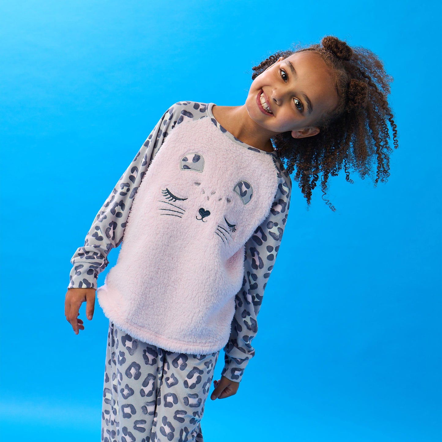 Cheetah;A girl wearing Soft Fleece Animal Pj Set