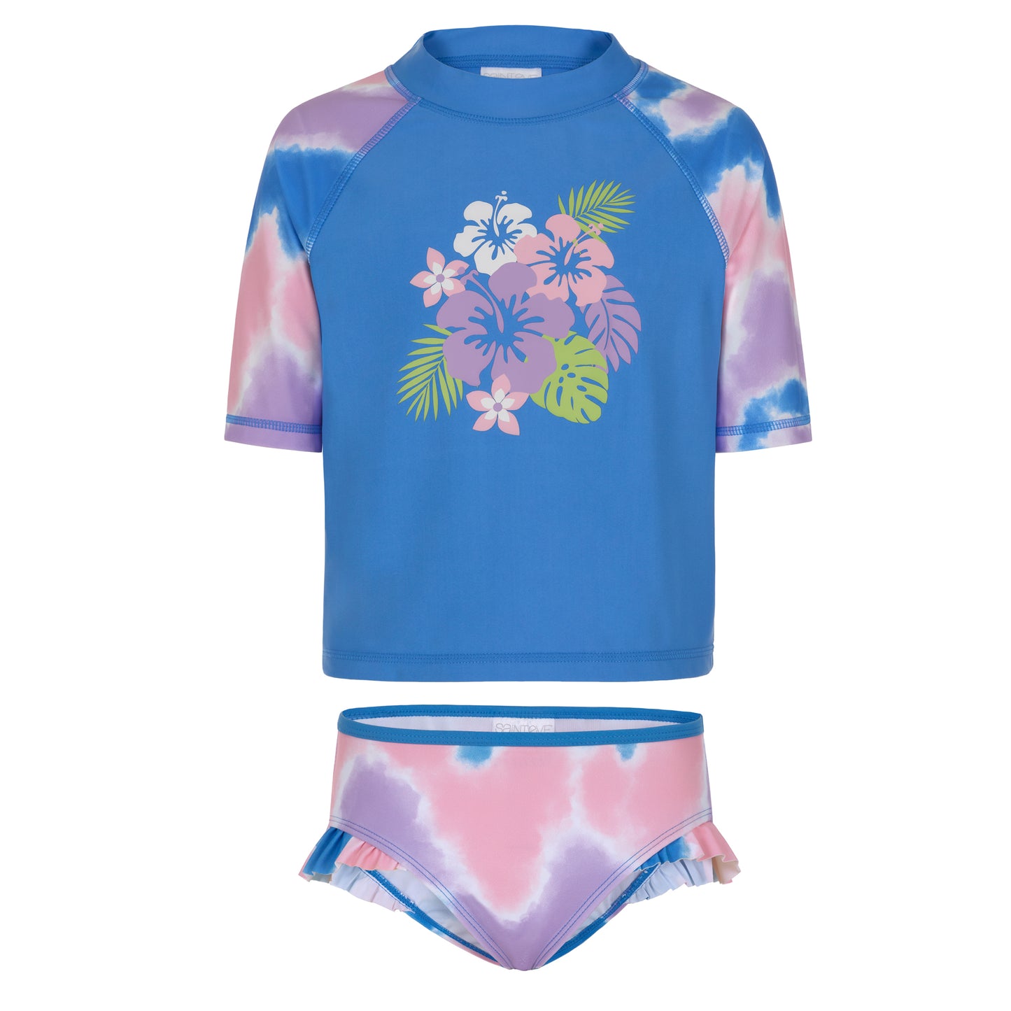 Hibiscus Haze Periwinkle;@A Girls' Short Sleeve Rashguard Set in Hibiscus Haze Periwinkle