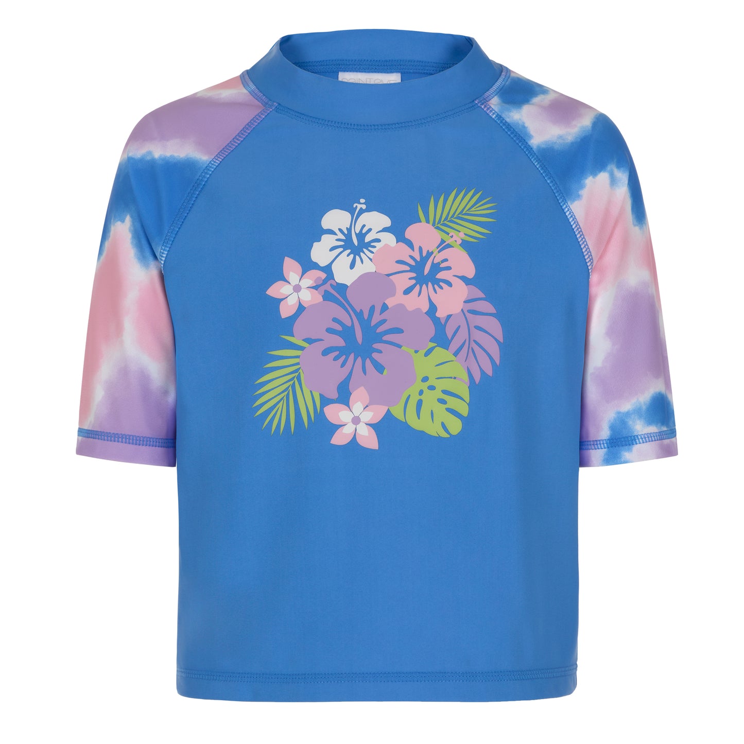 Hibiscus Haze Periwinkle;@A Girls' Short Sleeve Rashguard Set in Hibiscus Haze Periwinkle