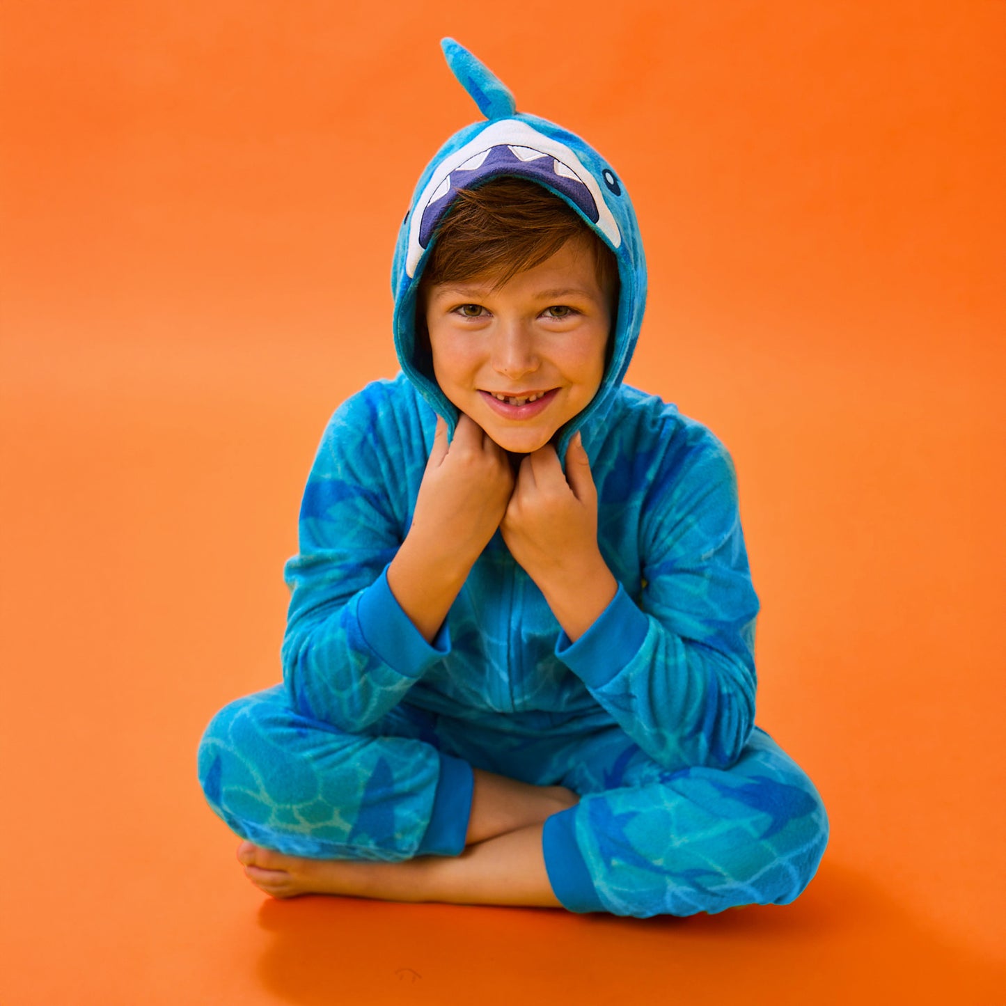 Shark;@A boy wearing Fleece Hooded Animal Onesie