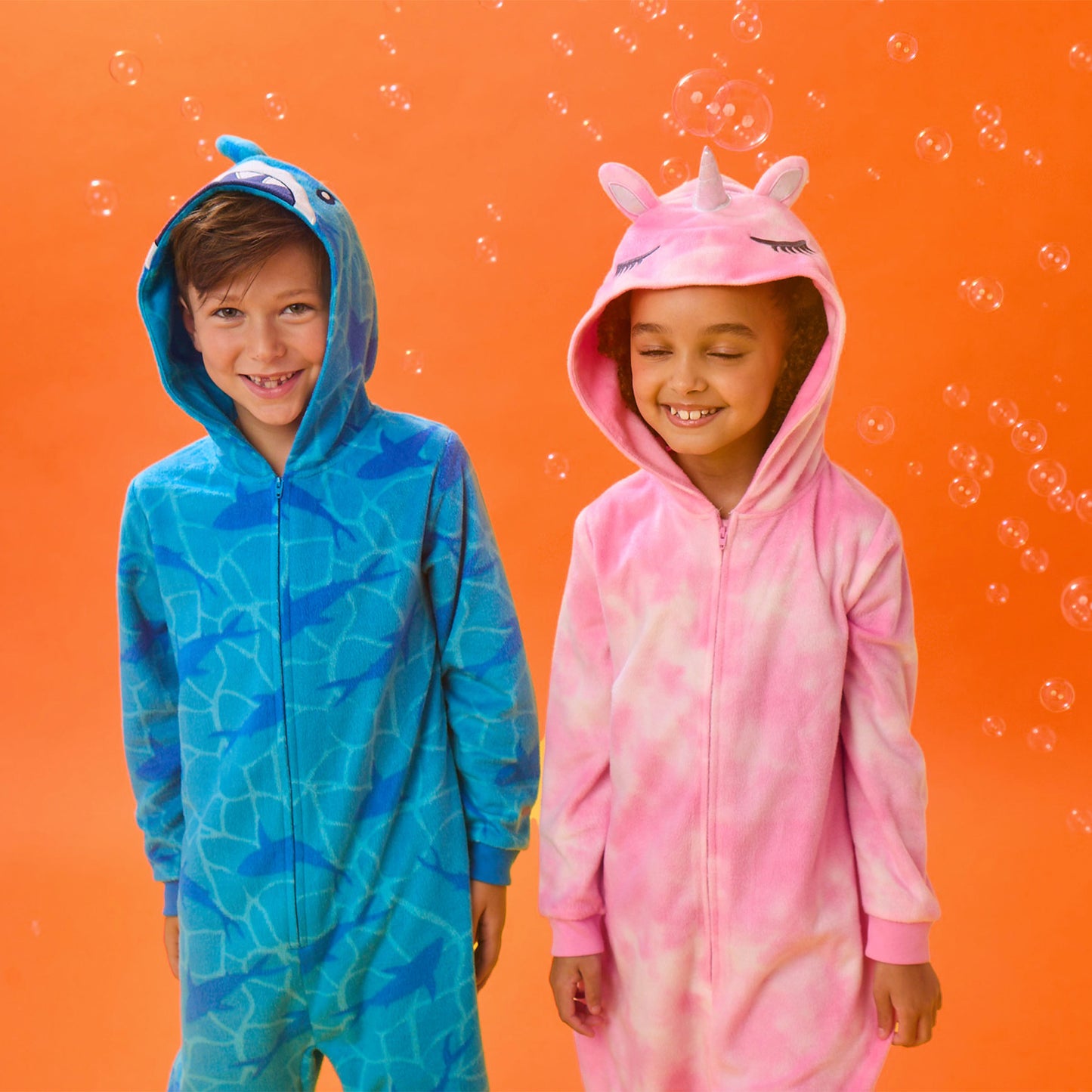 Unicorn;@A boy and a girl wearing Fleece Hooded Animal Onesie