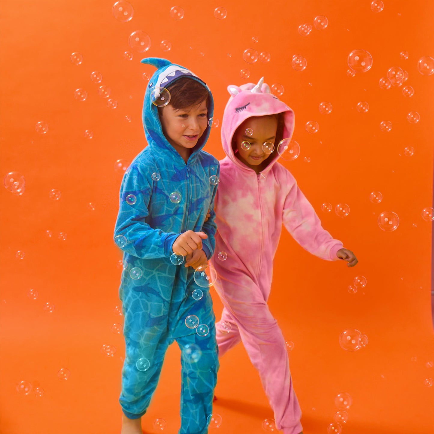 Unicorn;@A boy and a girl wearing Fleece Hooded Animal Onesie