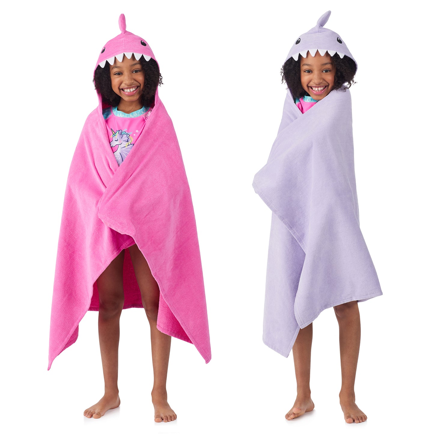Sharkberry Pink & Lavender Bite;@A girl wearing 2 Pack Hooded Shark Towels in Sharkberry Pink & Lavender Bite
