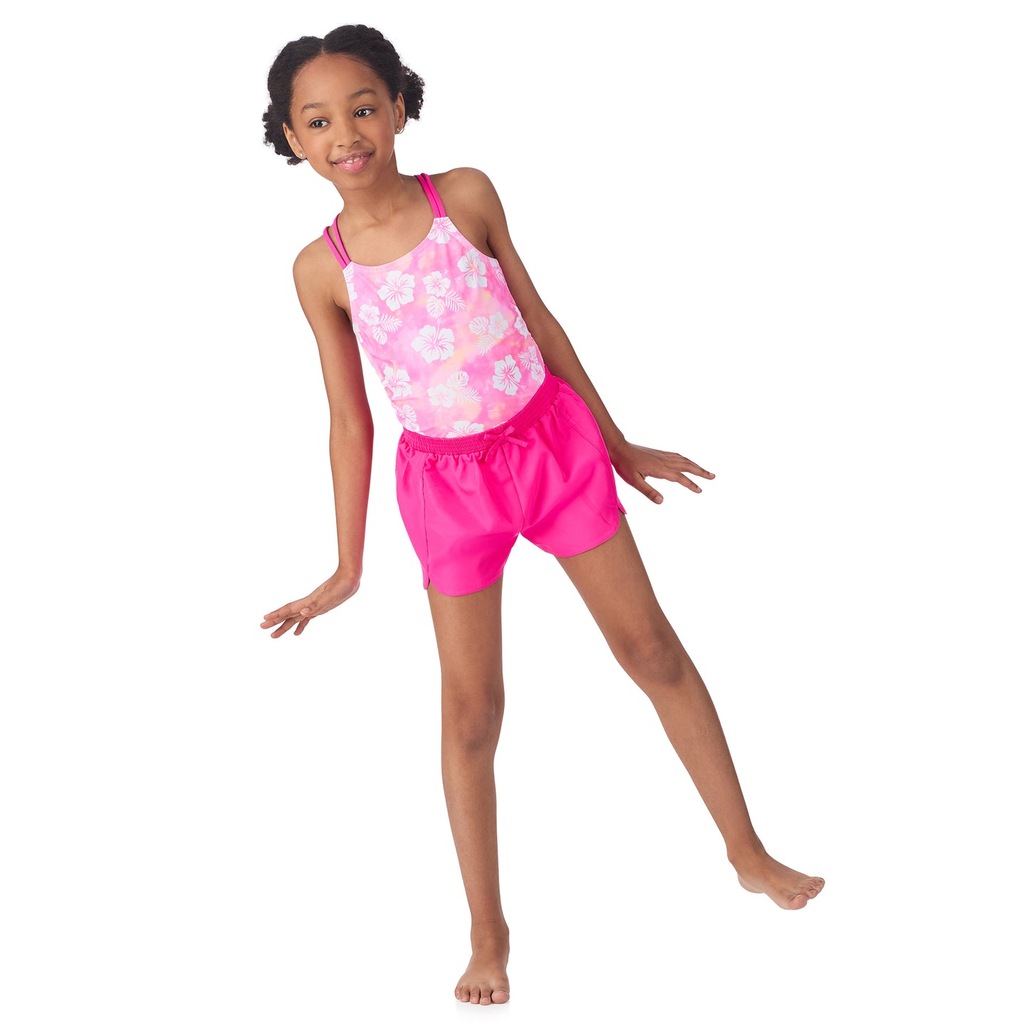 Pink Hibiscus Punch;@A girl wearing 3 Piece Swim Set with Rashguard in Pink Hibiscus Punch