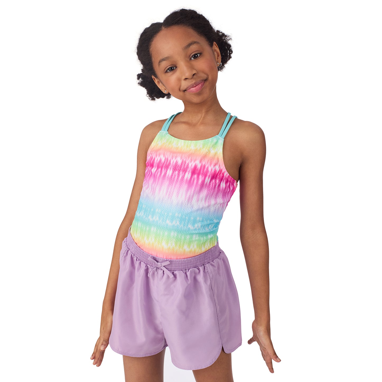 Rainbow Shimmer Aqua;@A girl wearing 3 Piece Swim Set with Rashguard in Rainbow Shimmer Aqua