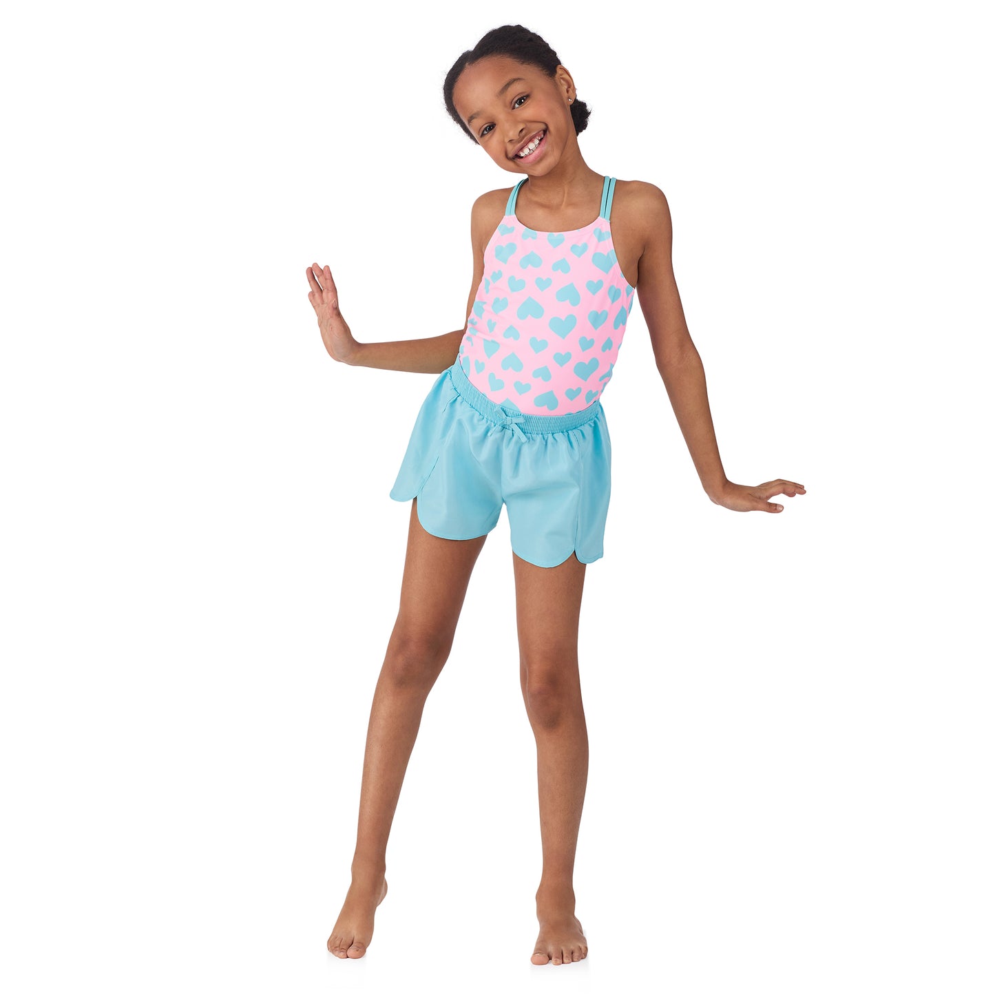 Pink Bubblegum Hearts;@A girl wearing 3 Piece Swim Set with Rashguard in Pink Bubblegum Hearts