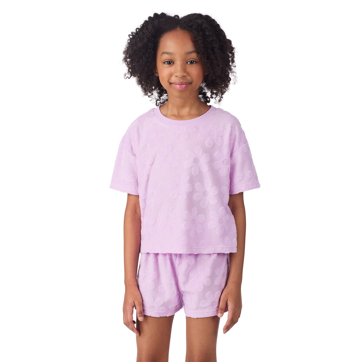 Petal Pop Lavender;@A girl wearing Girls' Terry Short Set in Petal Pop Lavender