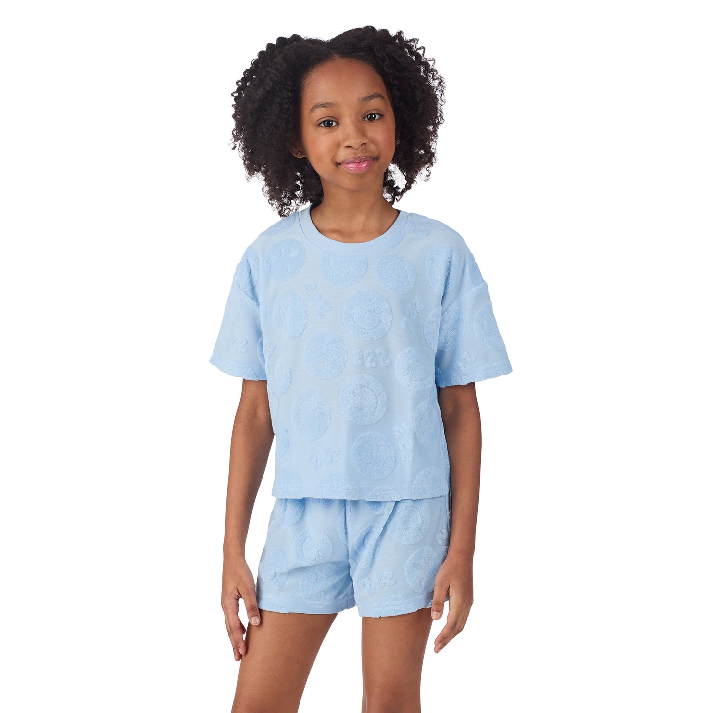 Blue Sleepy Smiles;@A girl wearing Girls' Terry Short Set in Blue Sleepy Smiles