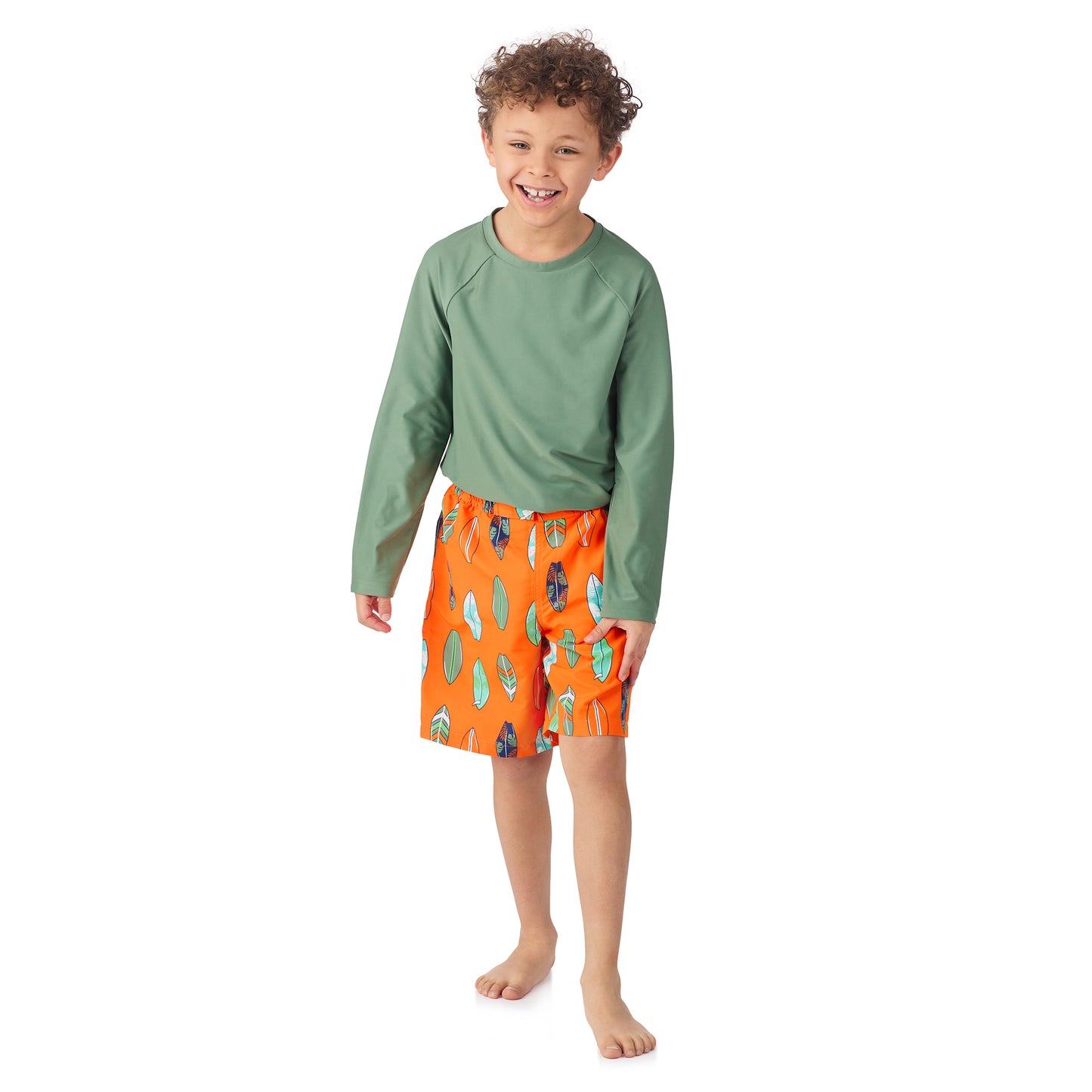 Coastal Tangerine;@A boy wearing Long Sleeve Rashguard Set in Coastal Tangerine