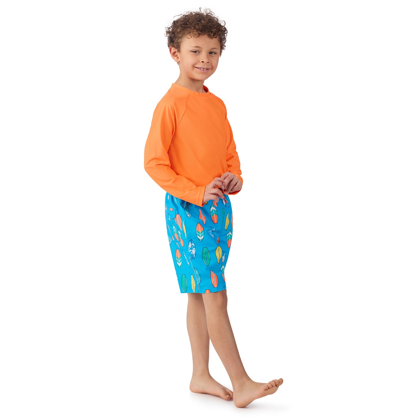 Beach Rider Blue;@A boy wearing Long Sleeve Rashguard Set in Beach Rider Blue