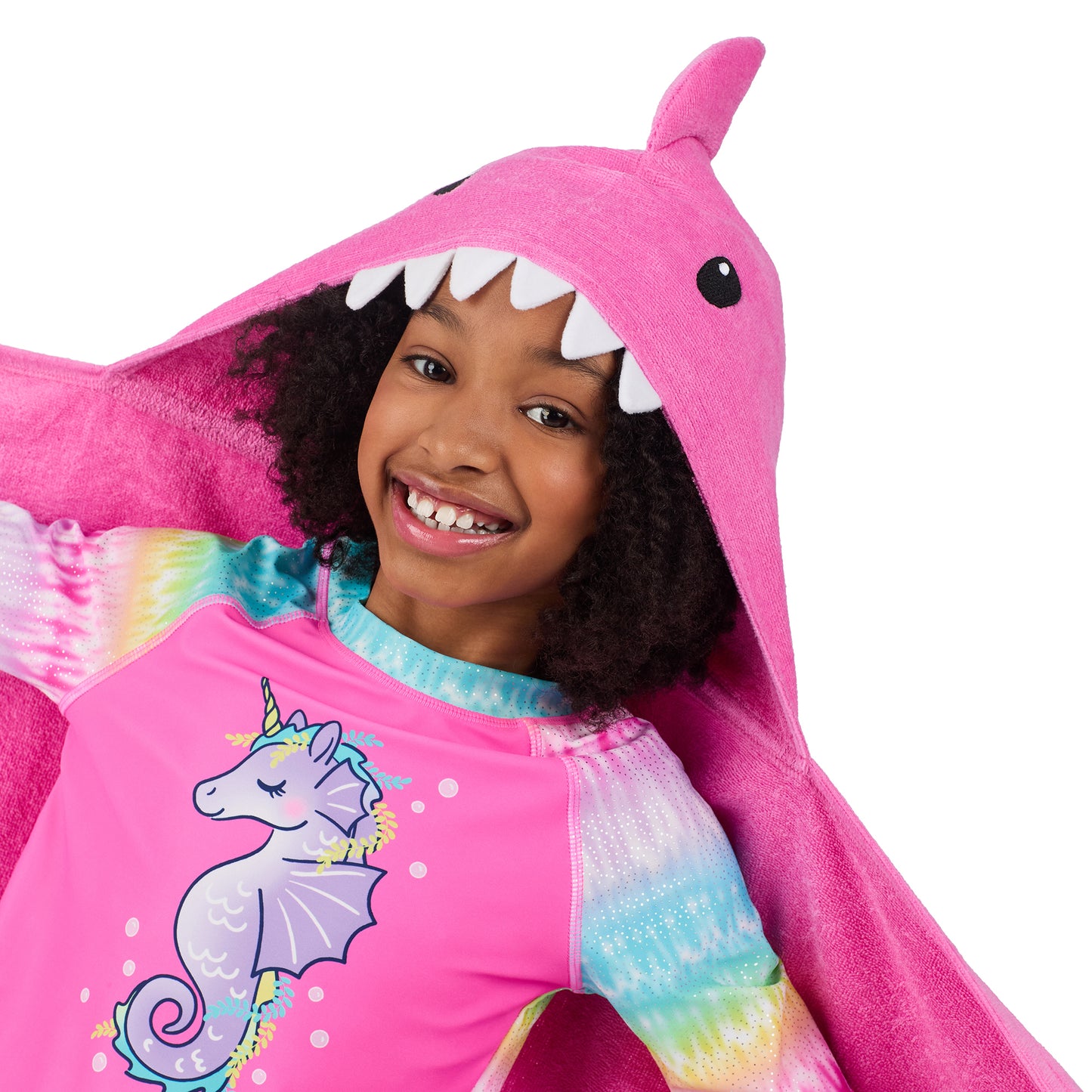 Sharkberry Pink & Lavender Bite;@A girl wearing 2 Pack Hooded Shark Towels in Sharkberry Pink & Lavender Bite