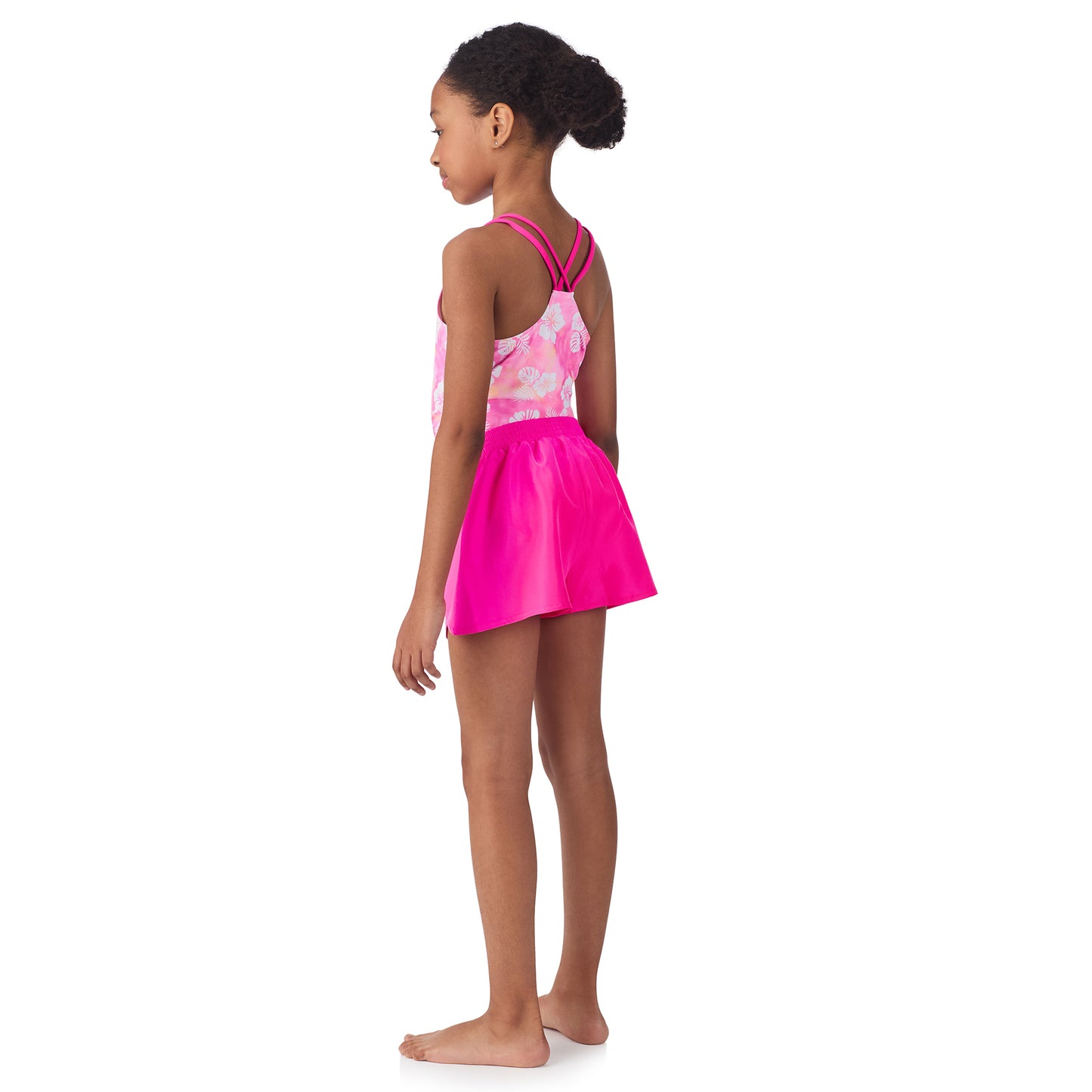 Pink Hibiscus Punch;@A girl wearing 3 Piece Swim Set with Rashguard in Pink Hibiscus Punch