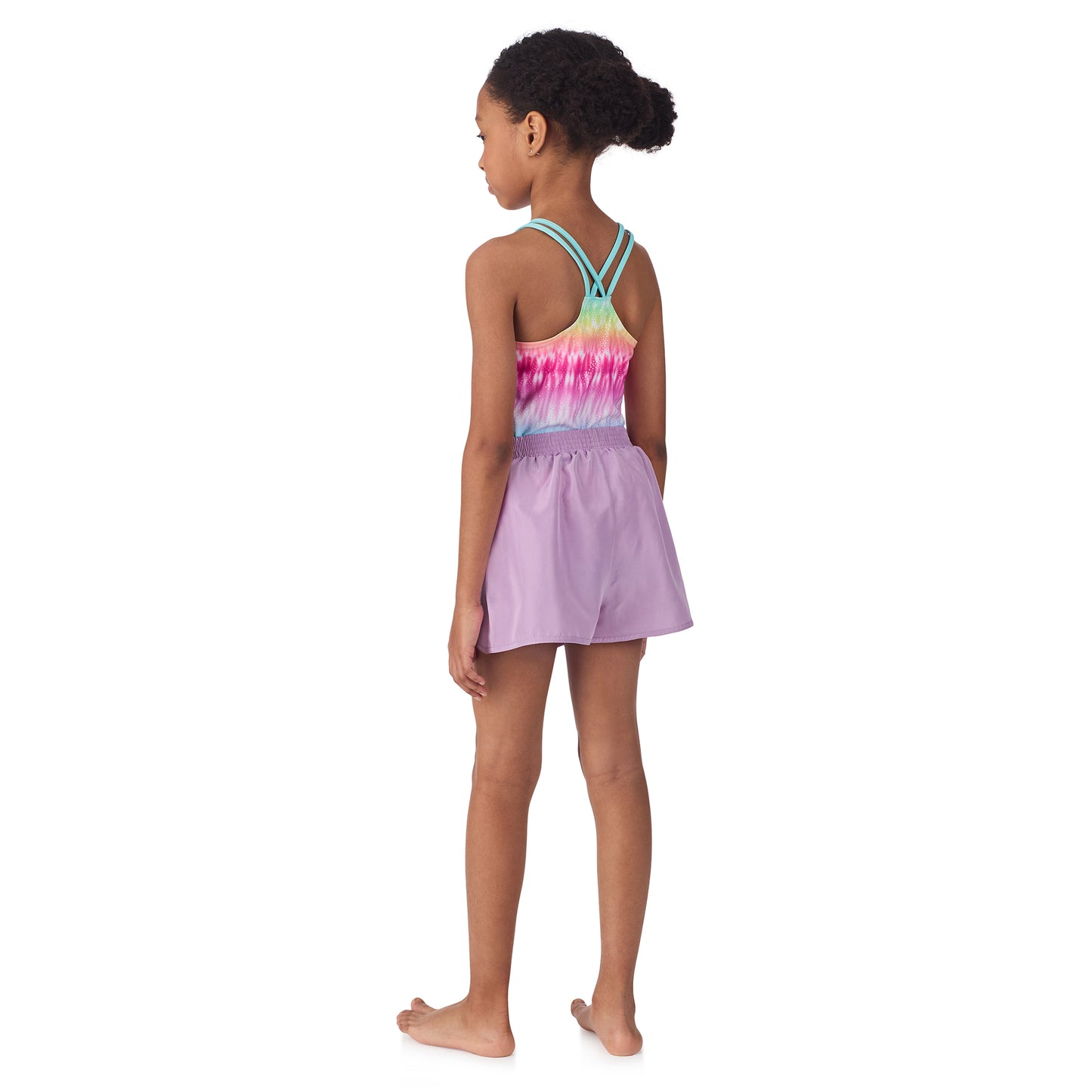 Rainbow Shimmer Aqua;@A girl wearing 3 Piece Swim Set with Rashguard in Rainbow Shimmer Aqua