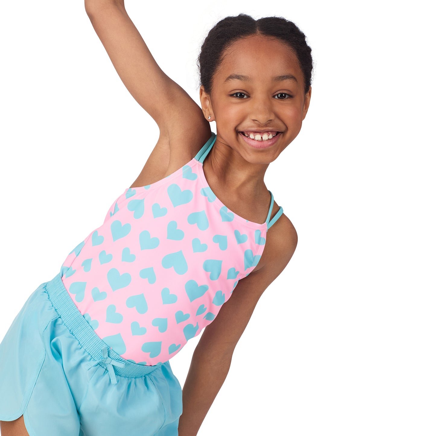 Pink Bubblegum Hearts;@A girl wearing 3 Piece Swim Set with Rashguard in Pink Bubblegum Hearts