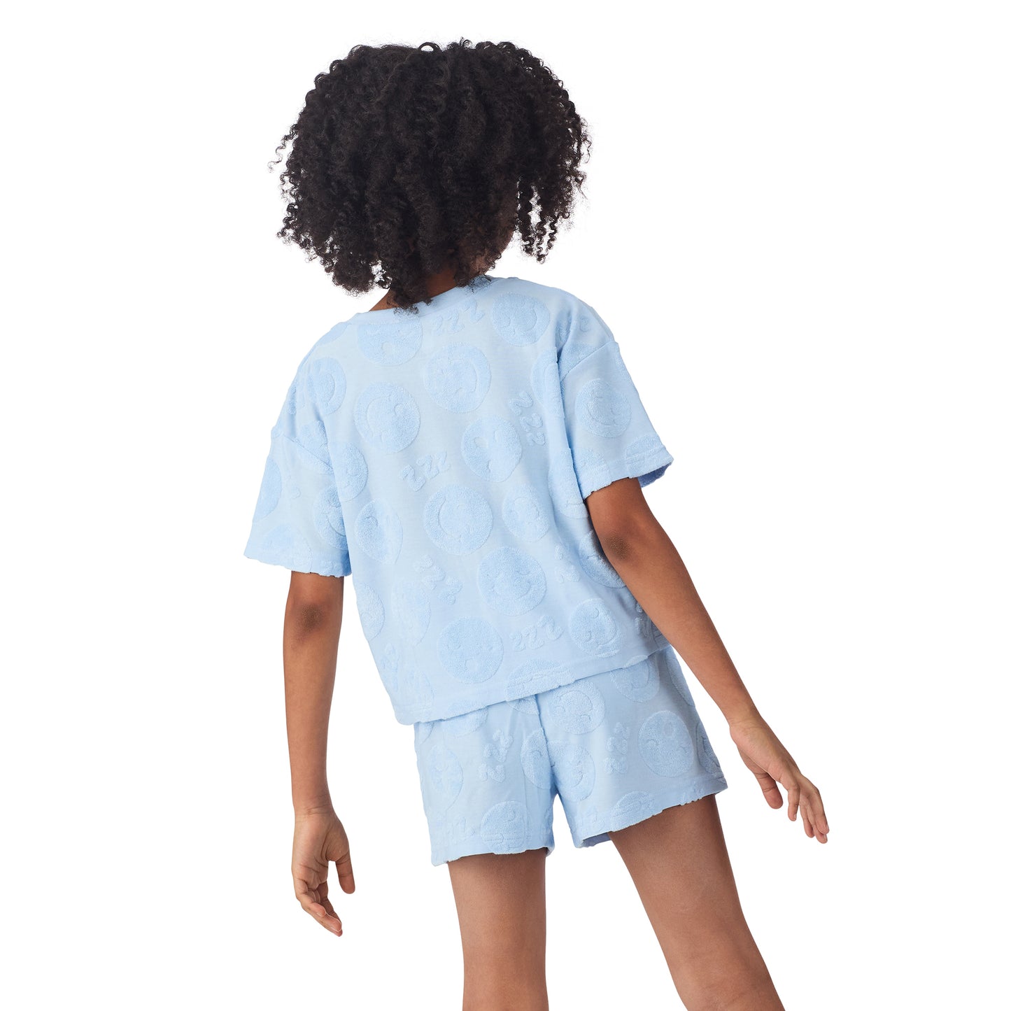 Blue Sleepy Smiles;@A girl wearing Girls' Terry Short Set in Blue Sleepy Smiles