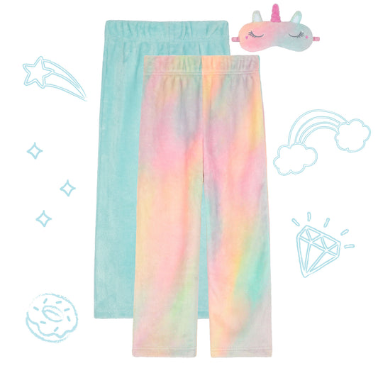 Girls 2 Pack Fuzzy Pajama Pants With Eye Mask