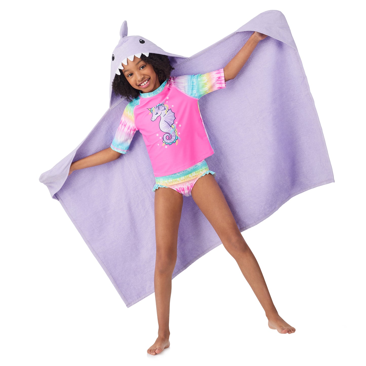 Sharkberry Pink & Lavender Bite;@A girl wearing 2 Pack Hooded Shark Towels in Sharkberry Pink & Lavender Bite