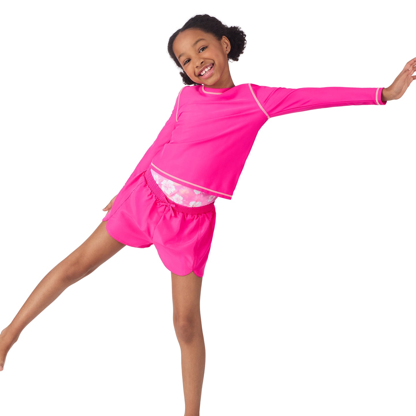 Pink Hibiscus Punch;@A girl wearing 3 Piece Swim Set with Rashguard in Pink Hibiscus Punch