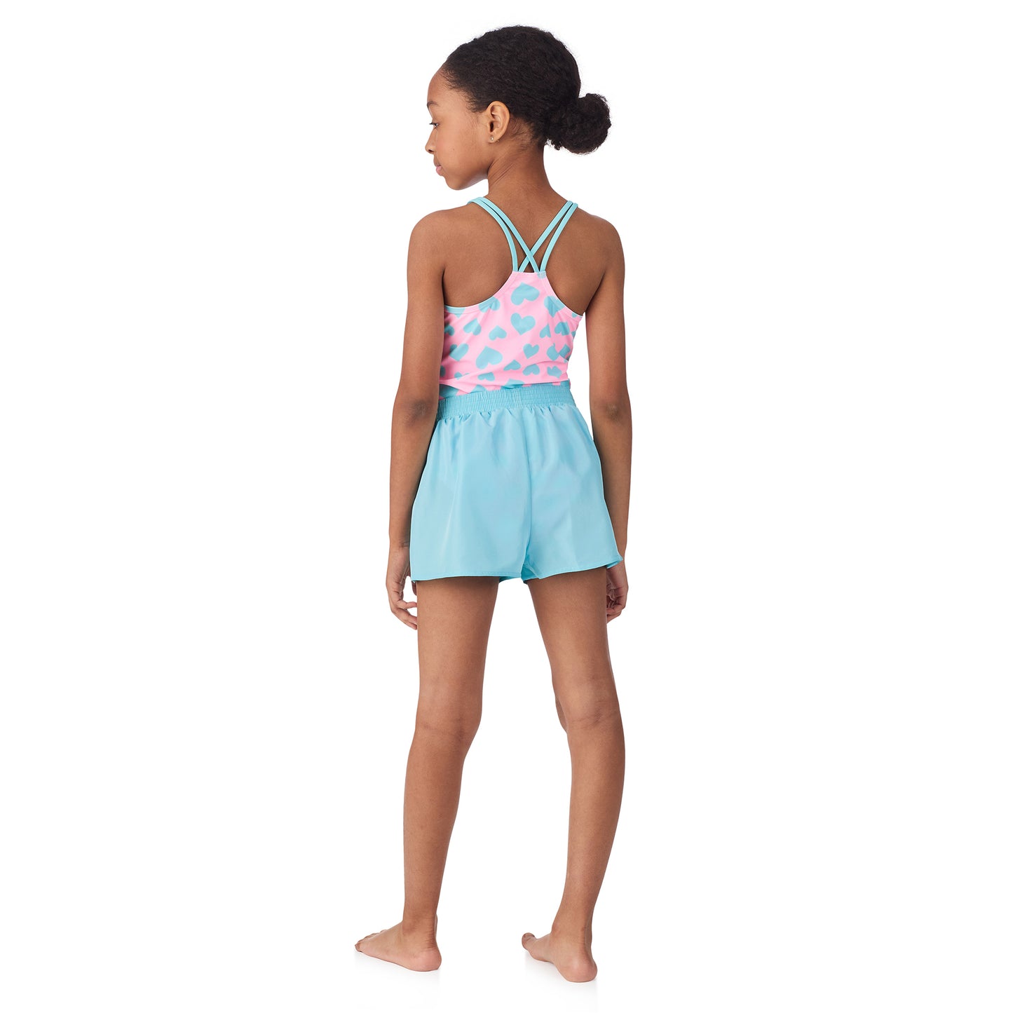 Pink Bubblegum Hearts;@A girl wearing 3 Piece Swim Set with Rashguard in Pink Bubblegum Hearts