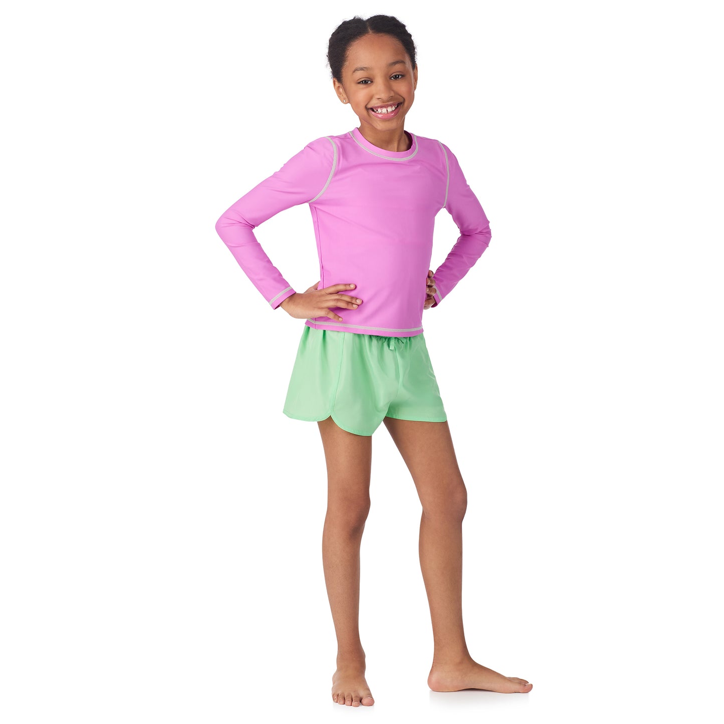 Lavender Lime;@A girl wearing 4 Piece Swim Set with Rashguard in Lavender Lime