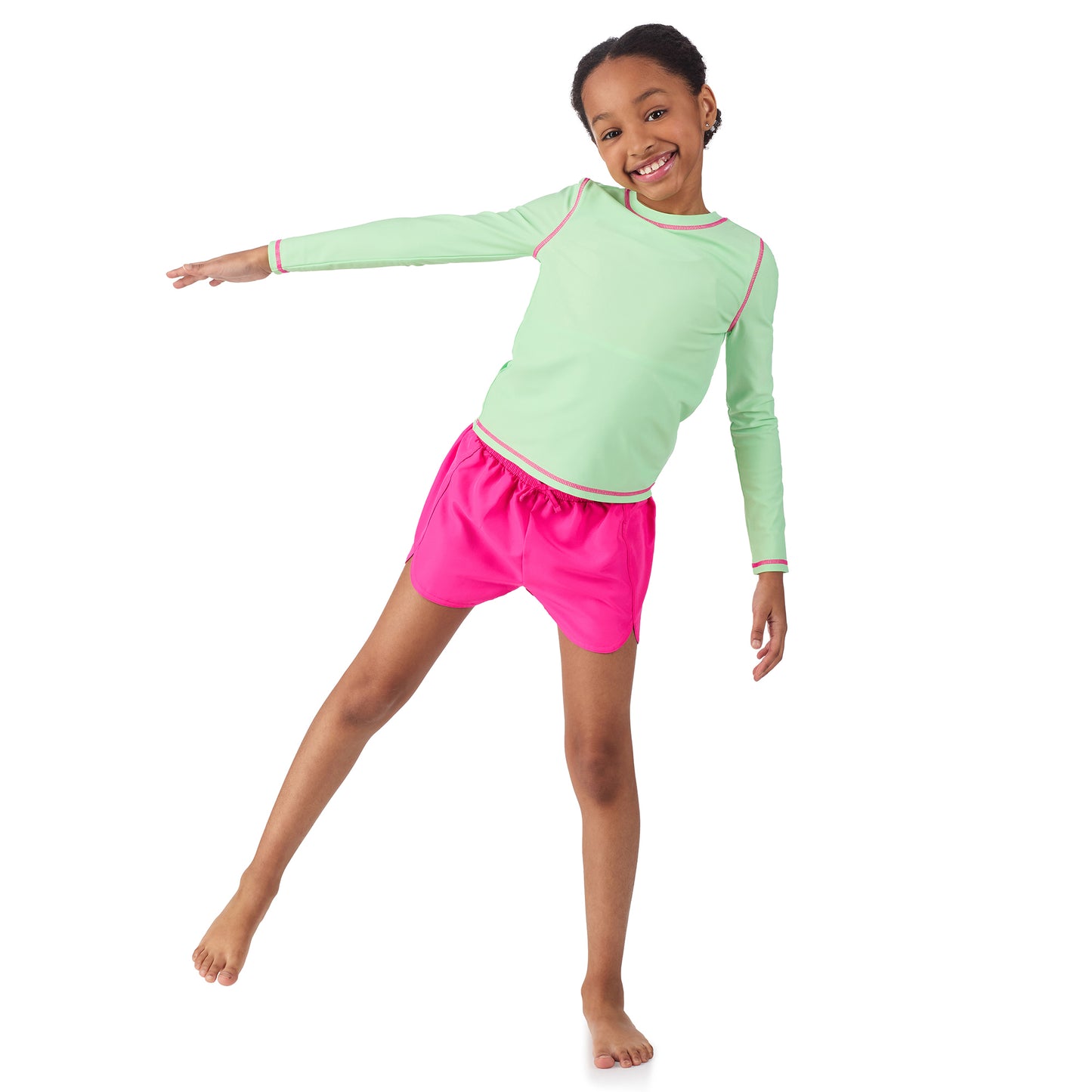Watermelon Wave;@A girl wearing 4 Piece Swim Set with Rashguard in Watermelon Wave