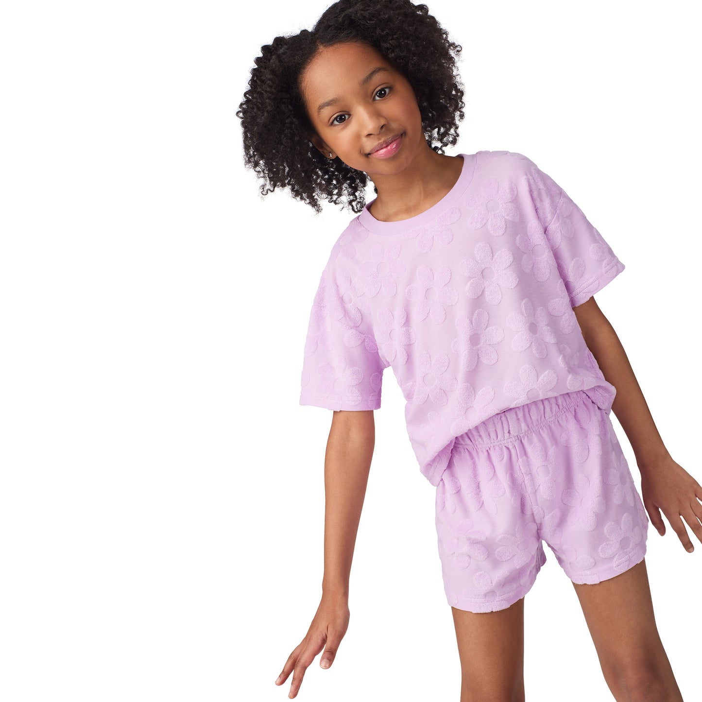 Petal Pop Lavender;@A girl wearing Girls' Terry Short Set in Petal Pop Lavender