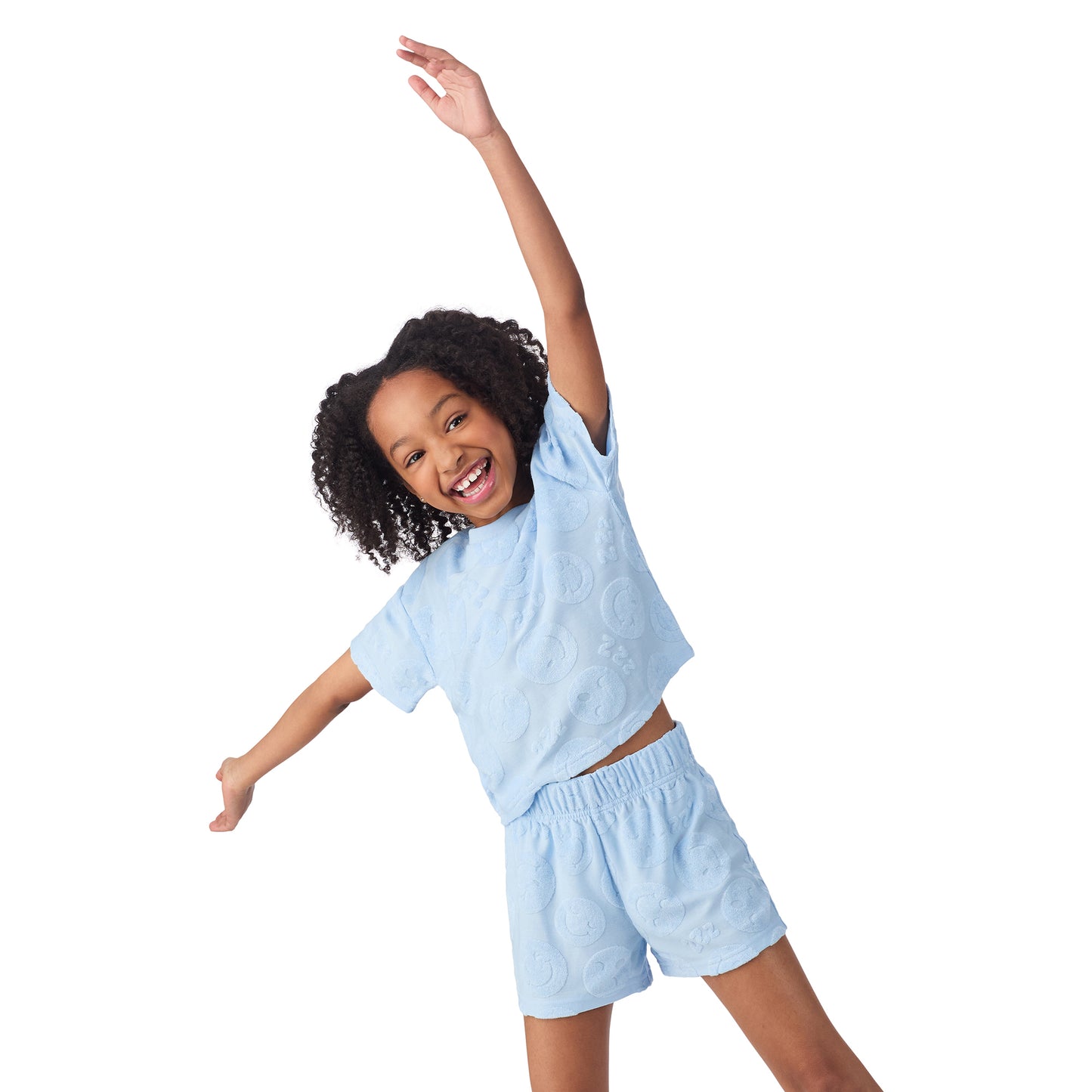 Blue Sleepy Smiles;@A girl wearing Girls' Terry Short Set in Blue Sleepy Smiles