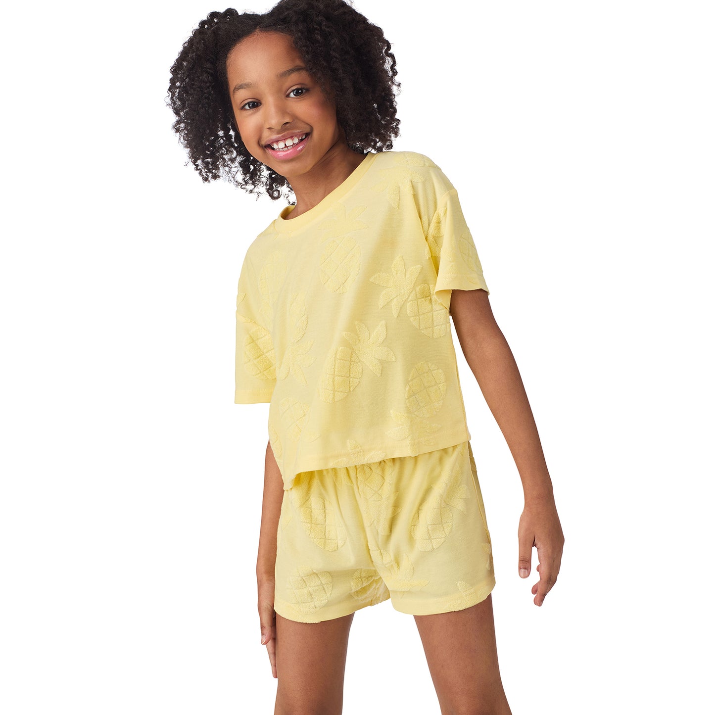 Mellow Yellow Pineapple;@A girl wearing Girls' Terry Short Set in Mellow Yellow Pineapple