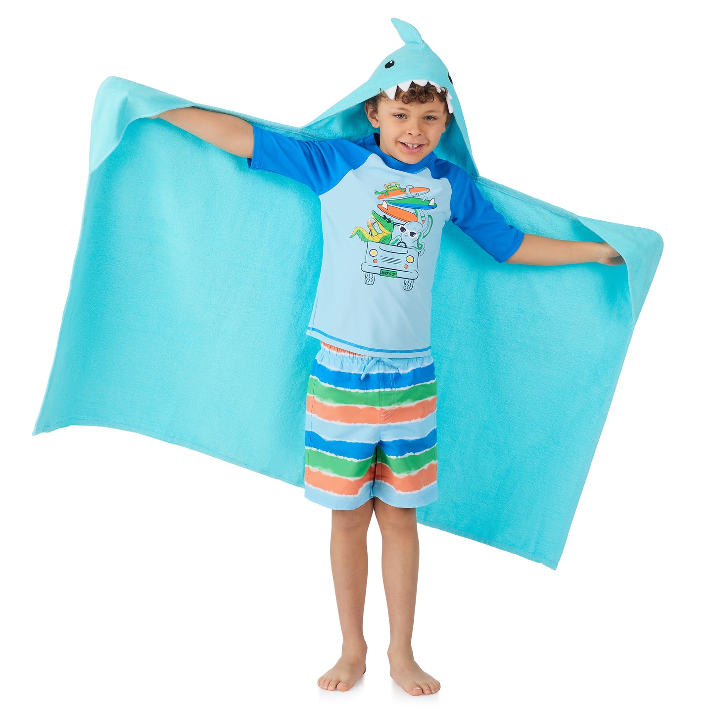 Fin-tastic Aqua & Seaweed Green;@A boy wearing 2 Pack Hooded Shark Towels in Fin-tastic Aqua & Seaweed Green