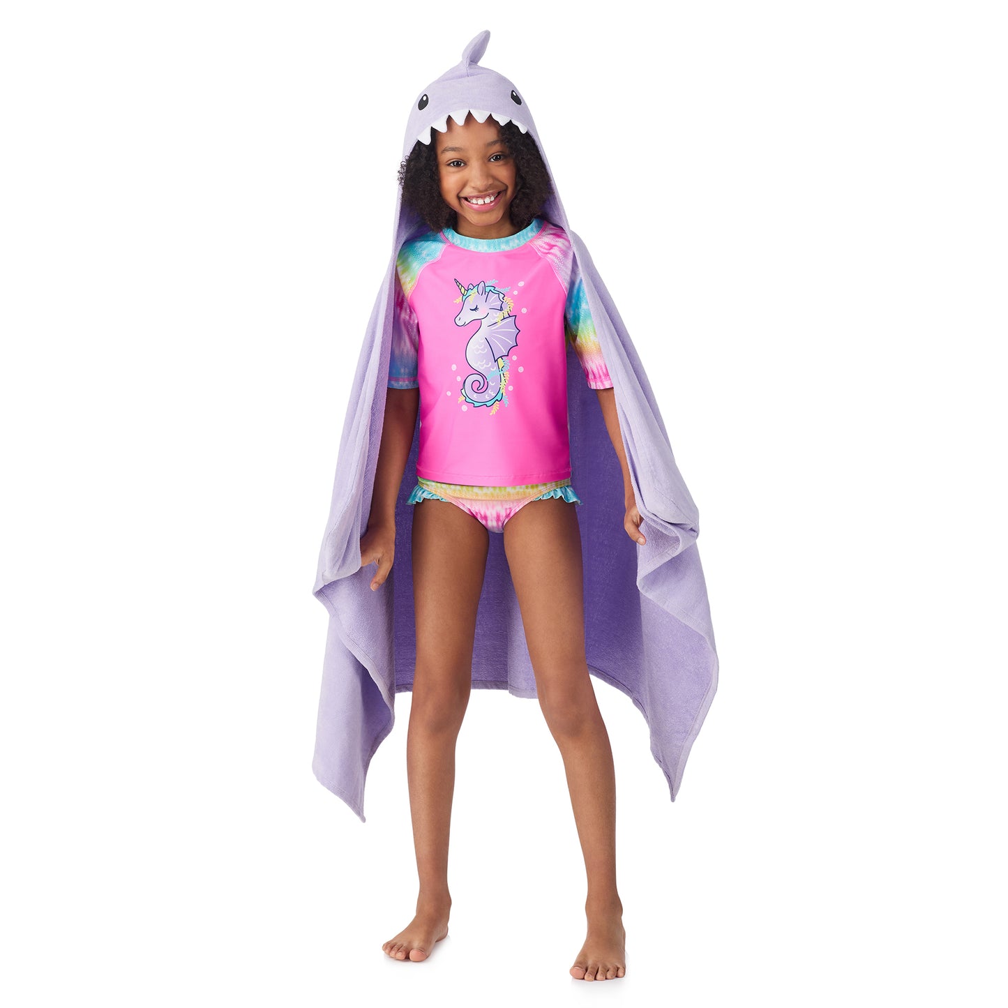 Sharkberry Pink & Lavender Bite;@A girl wearing 2 Pack Hooded Shark Towels in Sharkberry Pink & Lavender Bite