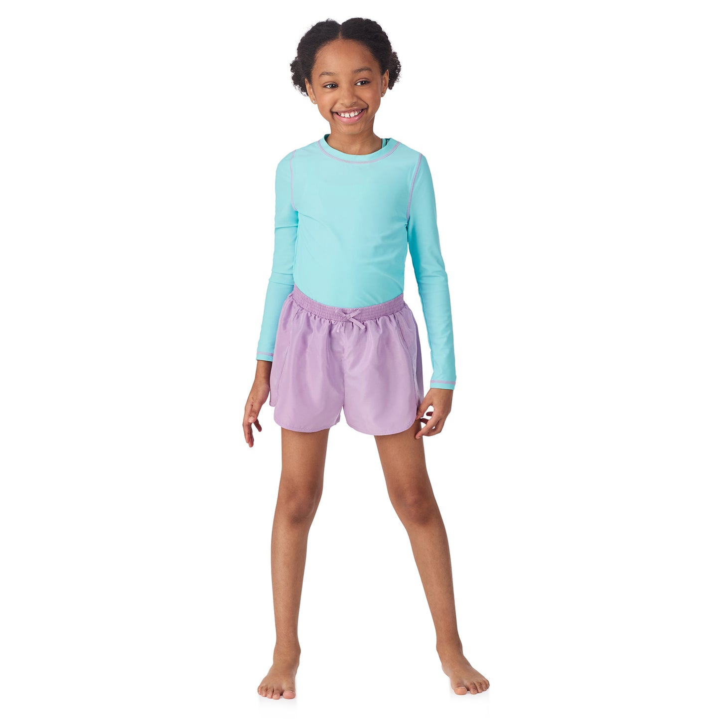 Rainbow Shimmer Aqua;@A girl wearing 3 Piece Swim Set with Rashguard in Rainbow Shimmer Aqua