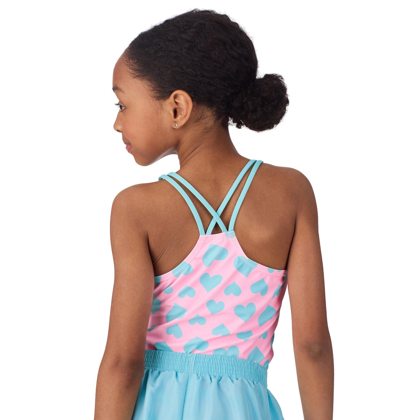 Pink Bubblegum Hearts;@A girl wearing 3 Piece Swim Set with Rashguard in Pink Bubblegum Hearts