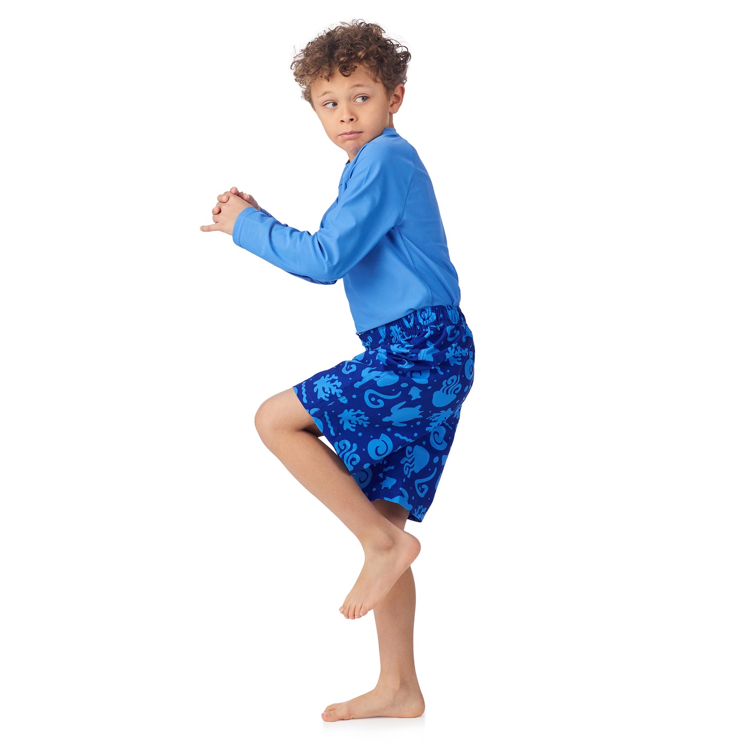 Deep Dive Navy;@A boy wearing Long Sleeve Rashguard Set in Deep Dive Navy