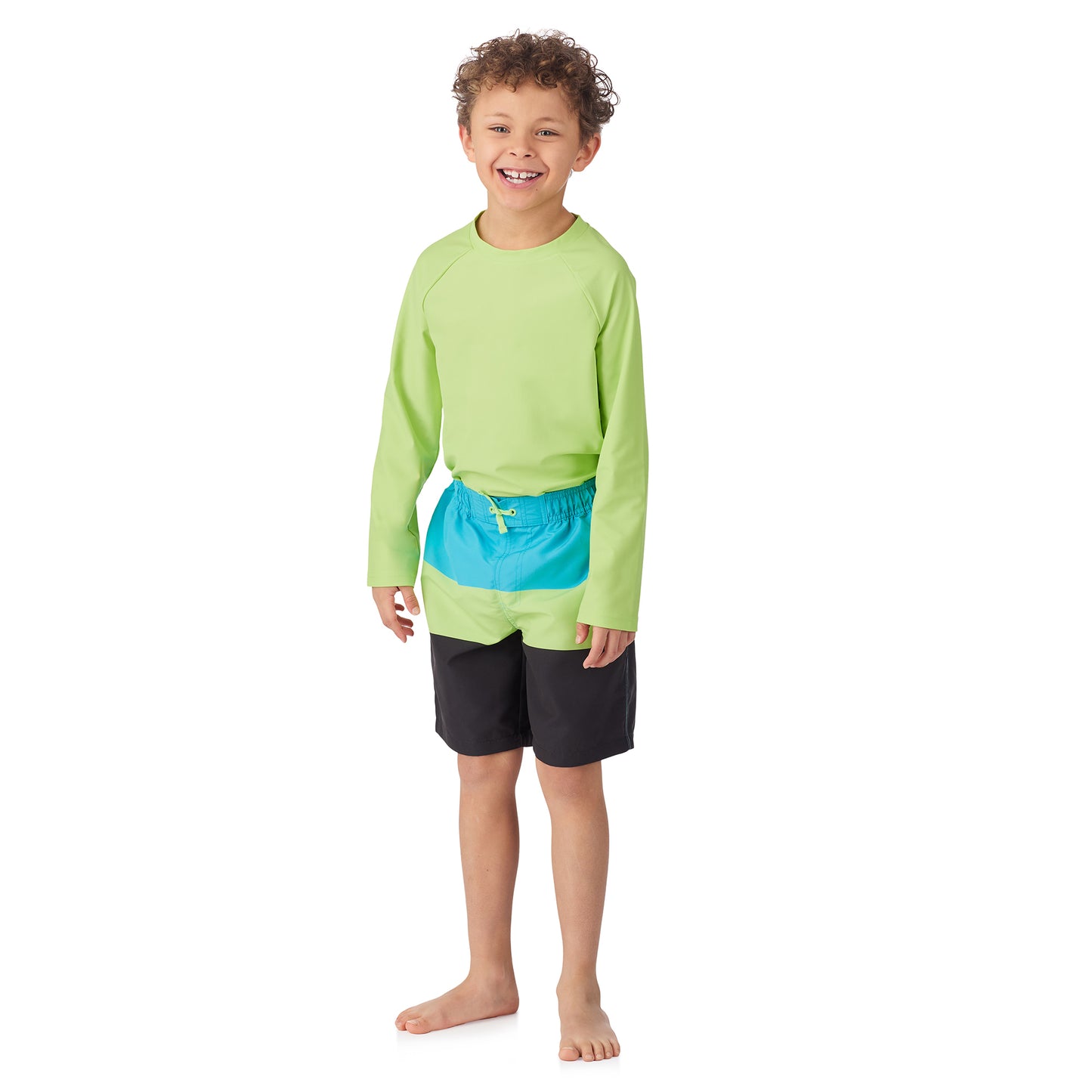 Neon Surfer Stripe;@A boy wearing Long Sleeve Rashguard Set in Neon Surfer Stripe