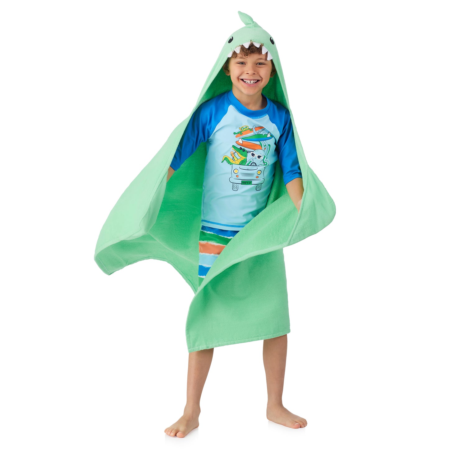Fin-tastic Aqua & Seaweed Green;@A boy wearing 2 Pack Hooded Shark Towels in Fin-tastic Aqua & Seaweed Green