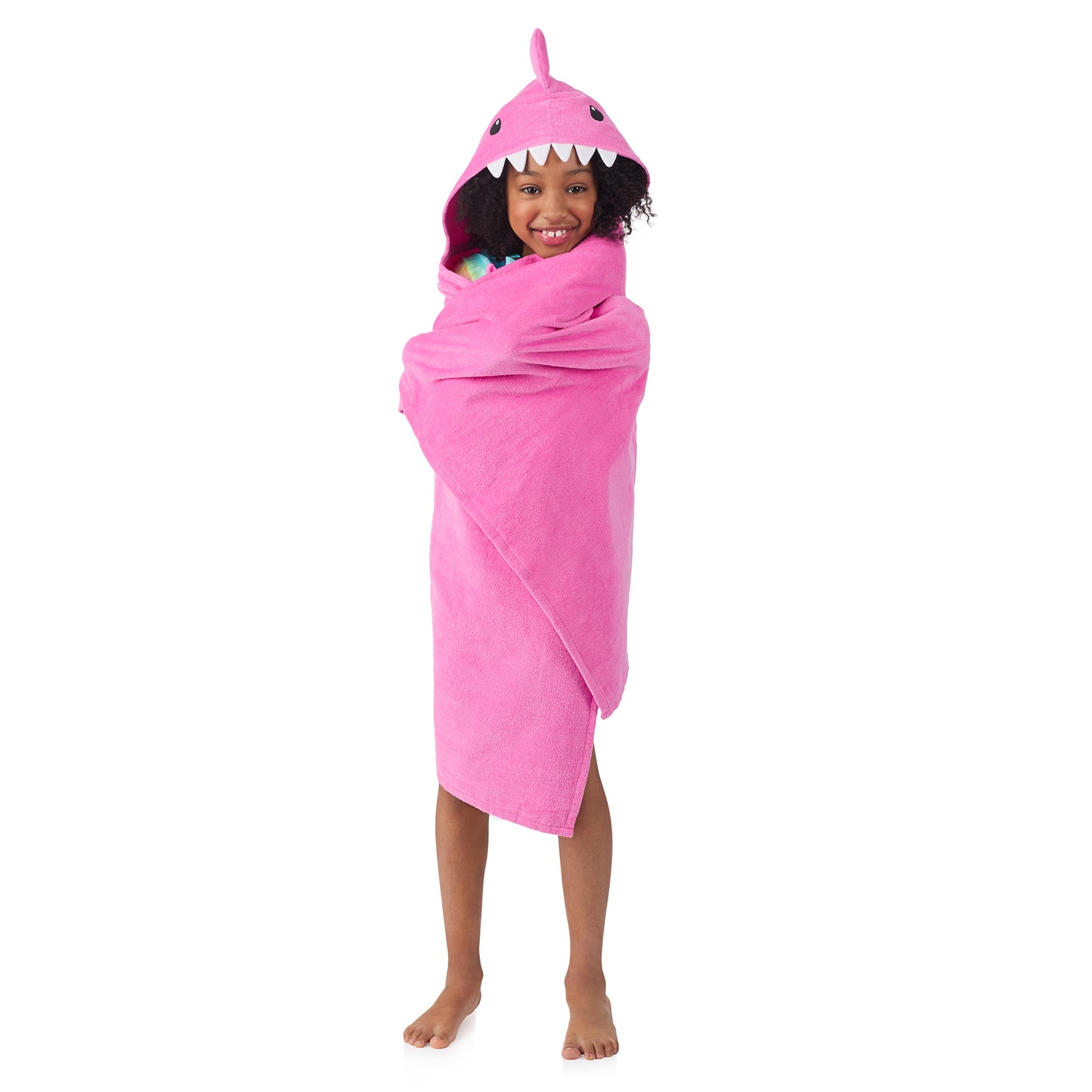 Sharkberry Pink & Lavender Bite;@A girl wearing 2 Pack Hooded Shark Towels in Sharkberry Pink & Lavender Bite